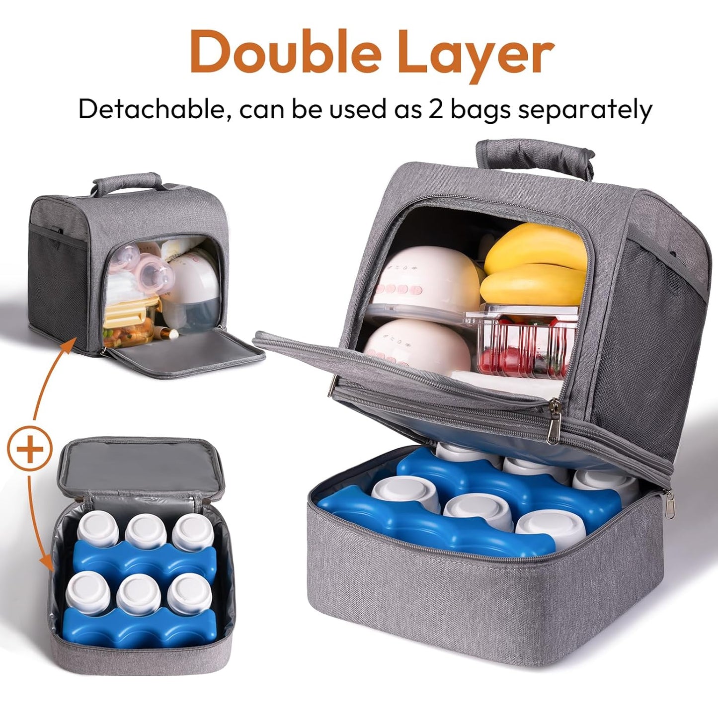 NCVI Breast Pump Bag, Double Layer Removable Pump Bag for Spectra S1, S2, Medela, Breast Pump Backpack with Ice Pack, Insulated Breast Milk Cooler Bag for Working Nursing Moms, Grey