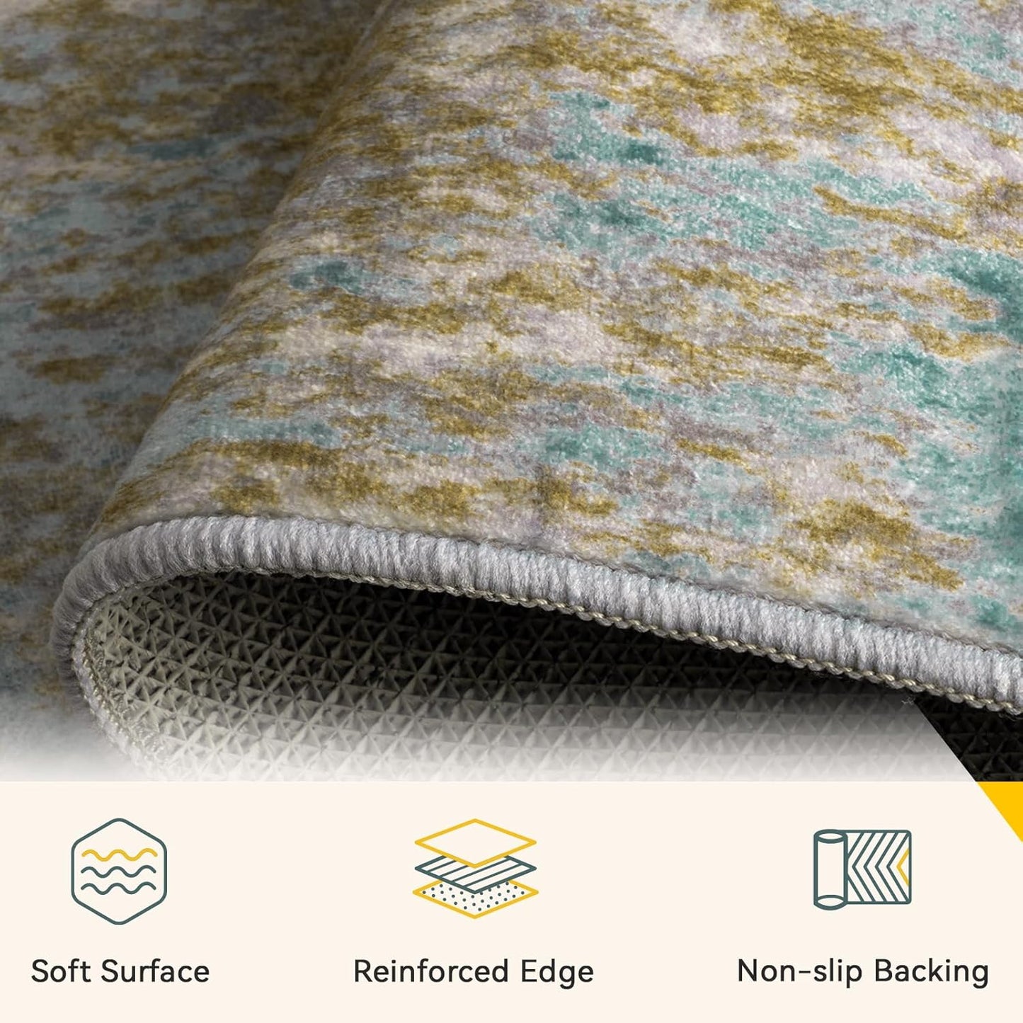 Washable Area Rugs 6'x9' Non-Slip Modern Abstract Soft for Living Room Entryway Bedroom Nursery, Print Pattern, Teal Blue Taupe