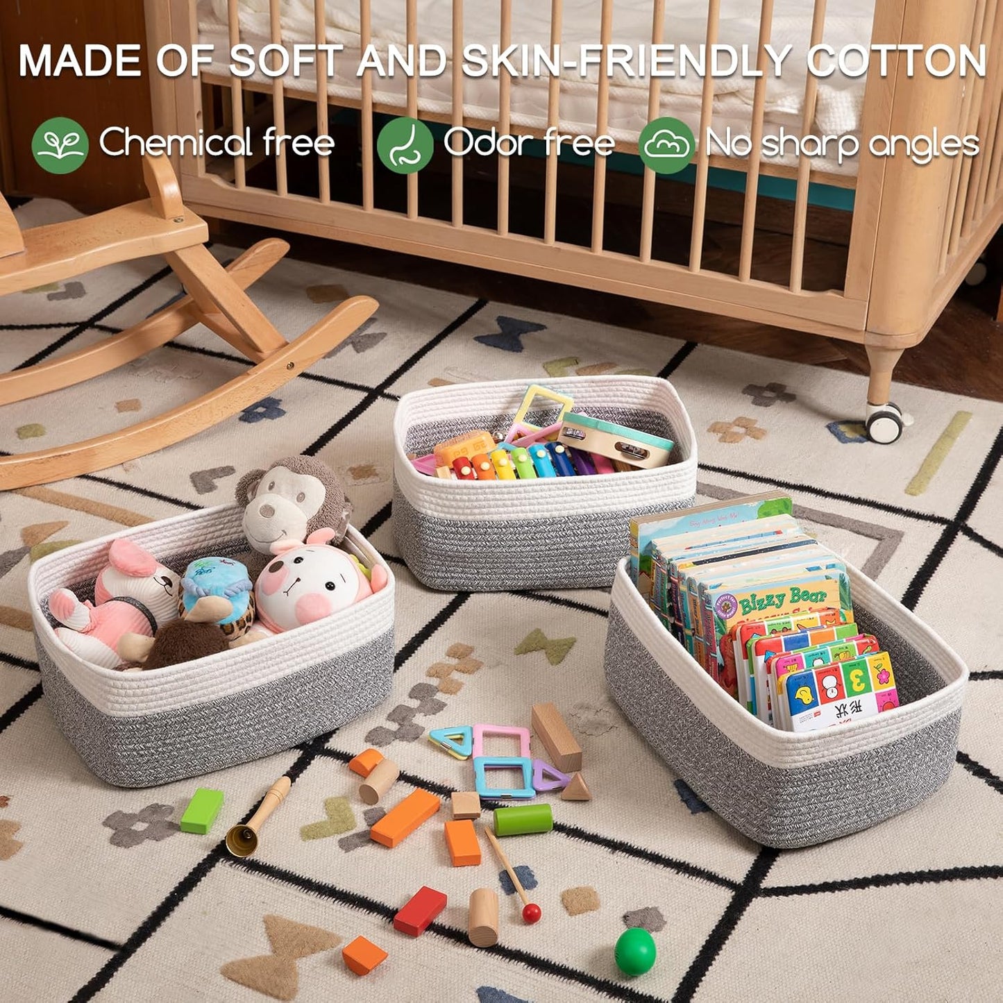 Storage Baskets for Organizing 3 Pack, Woven Baskets for Shelves, Closet Organizer Bins Empty Gift Basket Toy Storage for Toys, Books, Towels, Clothes, 15"x11.42"x6.7", Grey