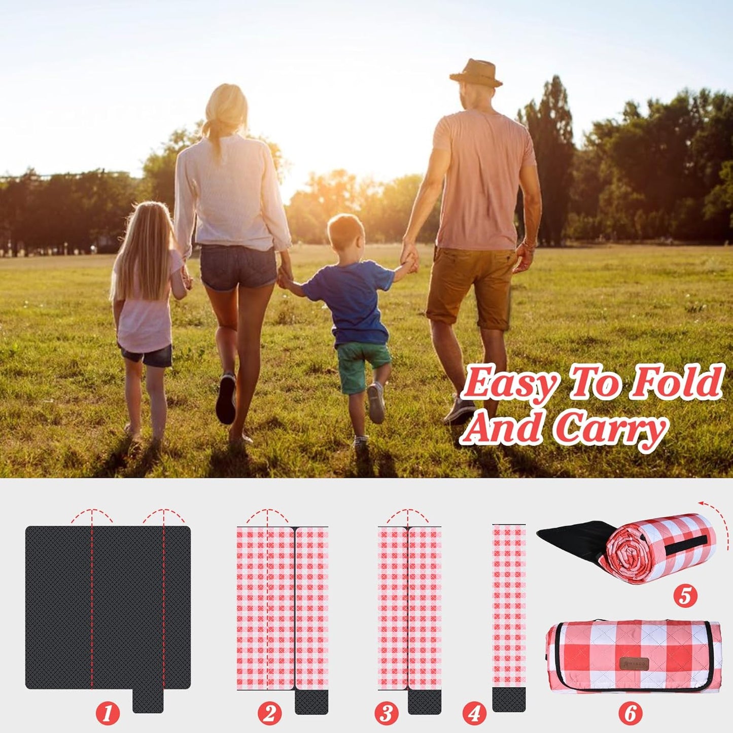 HX&OD Outdoor Picnic Blanket, Extra Large, 80''x80'' Waterproof Foldable Blankets Gingham Picnic Mat for Beach, Camping Grass Lawn Park Accessories Cute Couple Ideas Wedding (Red, 80”x80”)