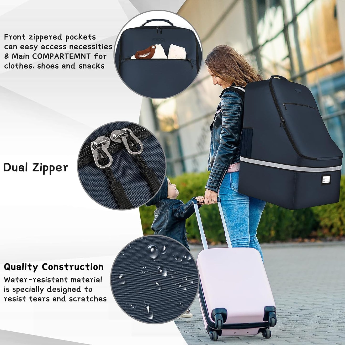 Car Seat Travel Bag - Padded Car Seat Carrier with Steel Cable Handle and Reflective Stripes, Large Durable Airport Gate Check Bag, Blue