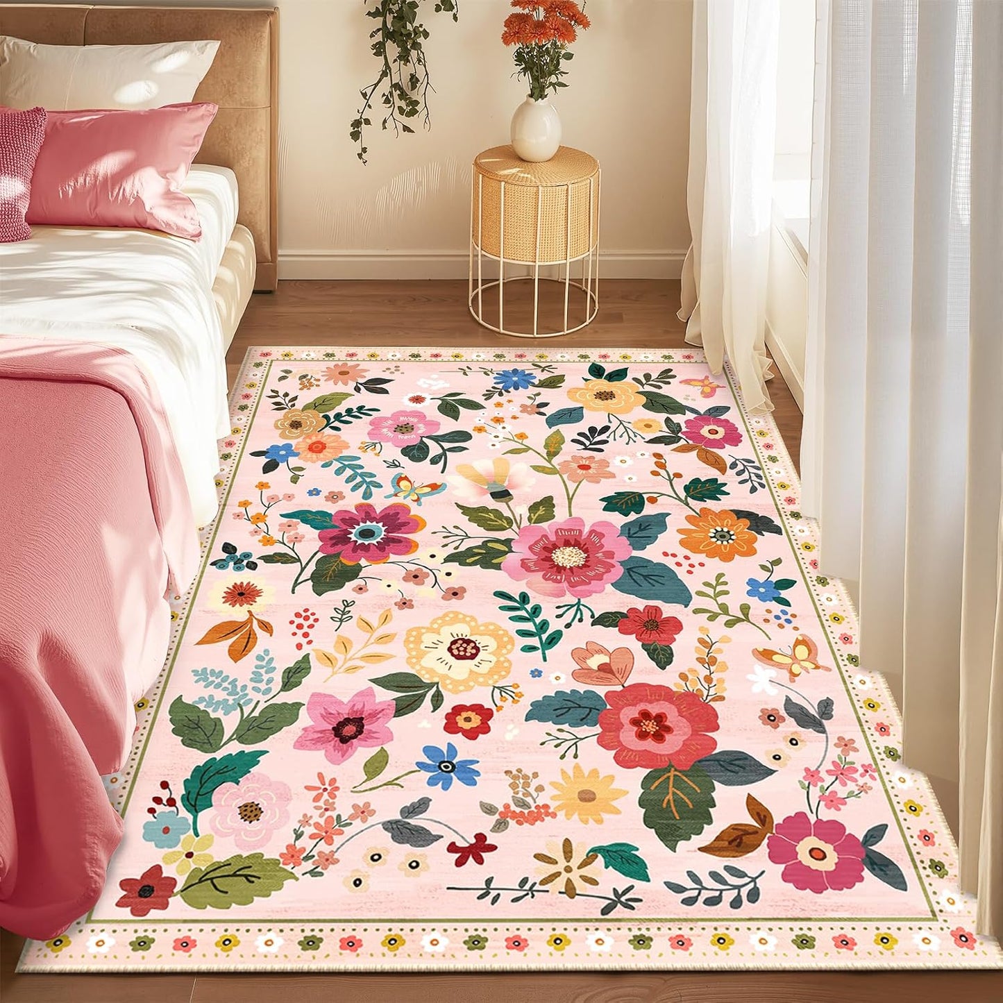 Floral 5x7 Area Rug Machine Washable Soft Print Boho Carpet Non Slip Doormat Low Pile Flower Area Rugs for Living Room Bedroom Nursery Kitchen Dining Room Indoor-Pink