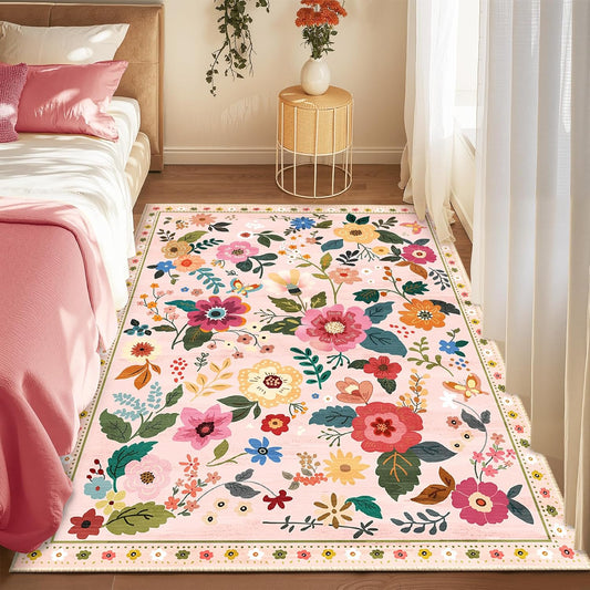 Floral 4x6 Area Rug Machine Washable Soft Print Boho Carpet Non Slip Doormat Low Pile Flower Area Rugs for Living Room Bedroom Nursery Kitchen Dining Room Indoor-Pink