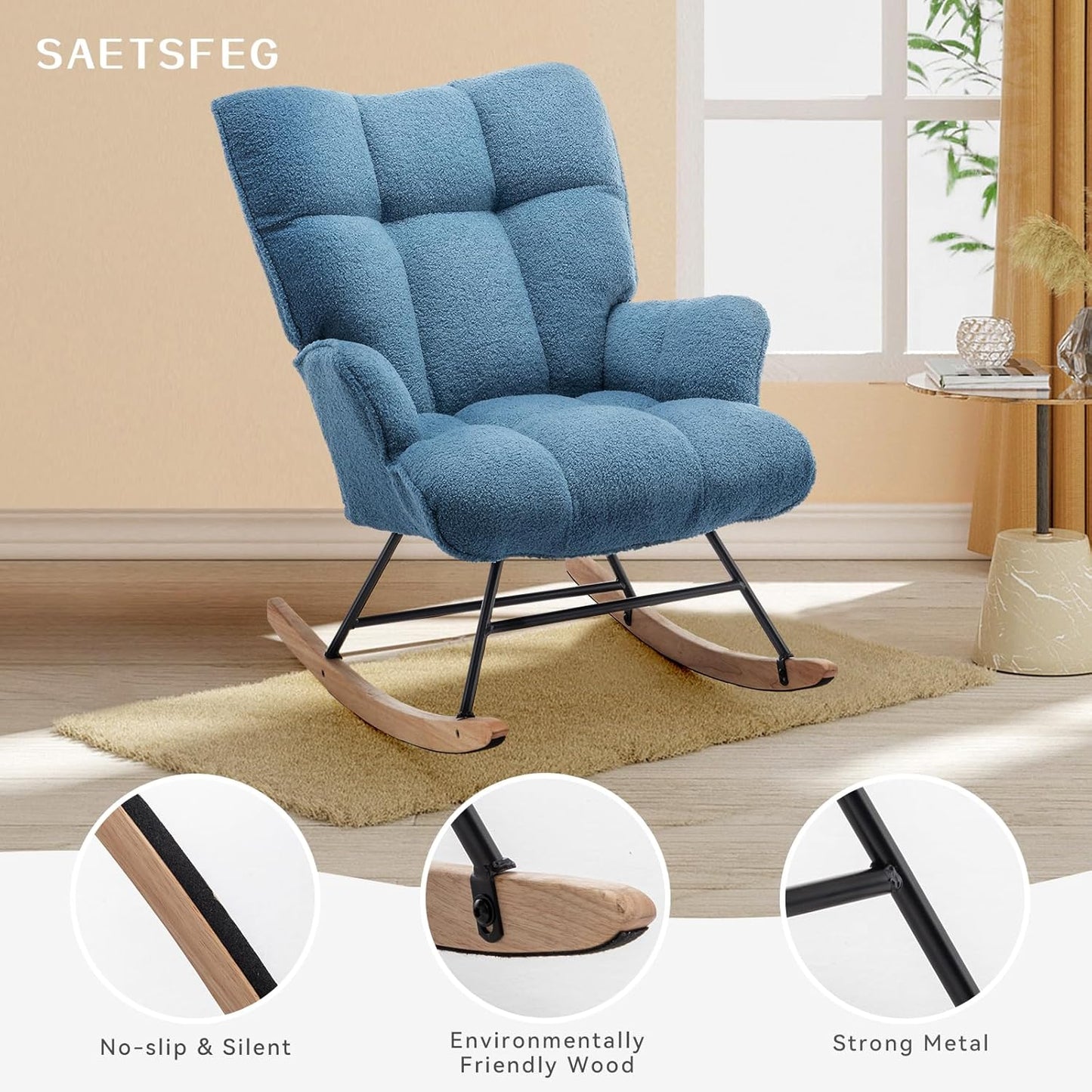 Rocking Chair Nursery Teddy Upholstered Glider Rocker Rocking Accent Chair Padded Seat with High Backrest Armchair Comfy Side Chair for Living Room Bedroom Offices (LightBlue Teddy)