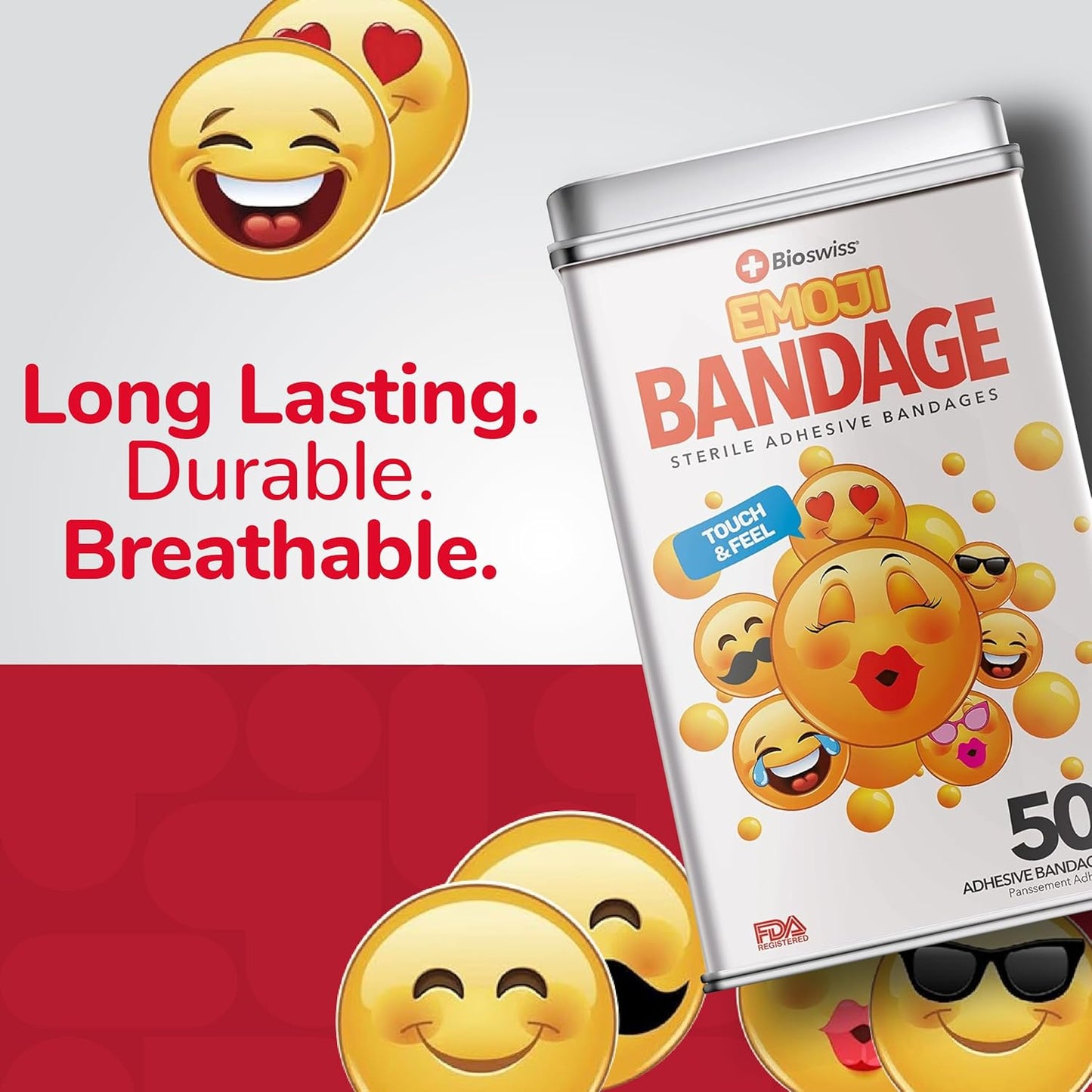BioSwiss Bandages, Emoji Shaped Self Adhesive Bandage, Latex Free Sterile Wound Care, Fun First Aid Kit Supplies for Kids, 50 Count