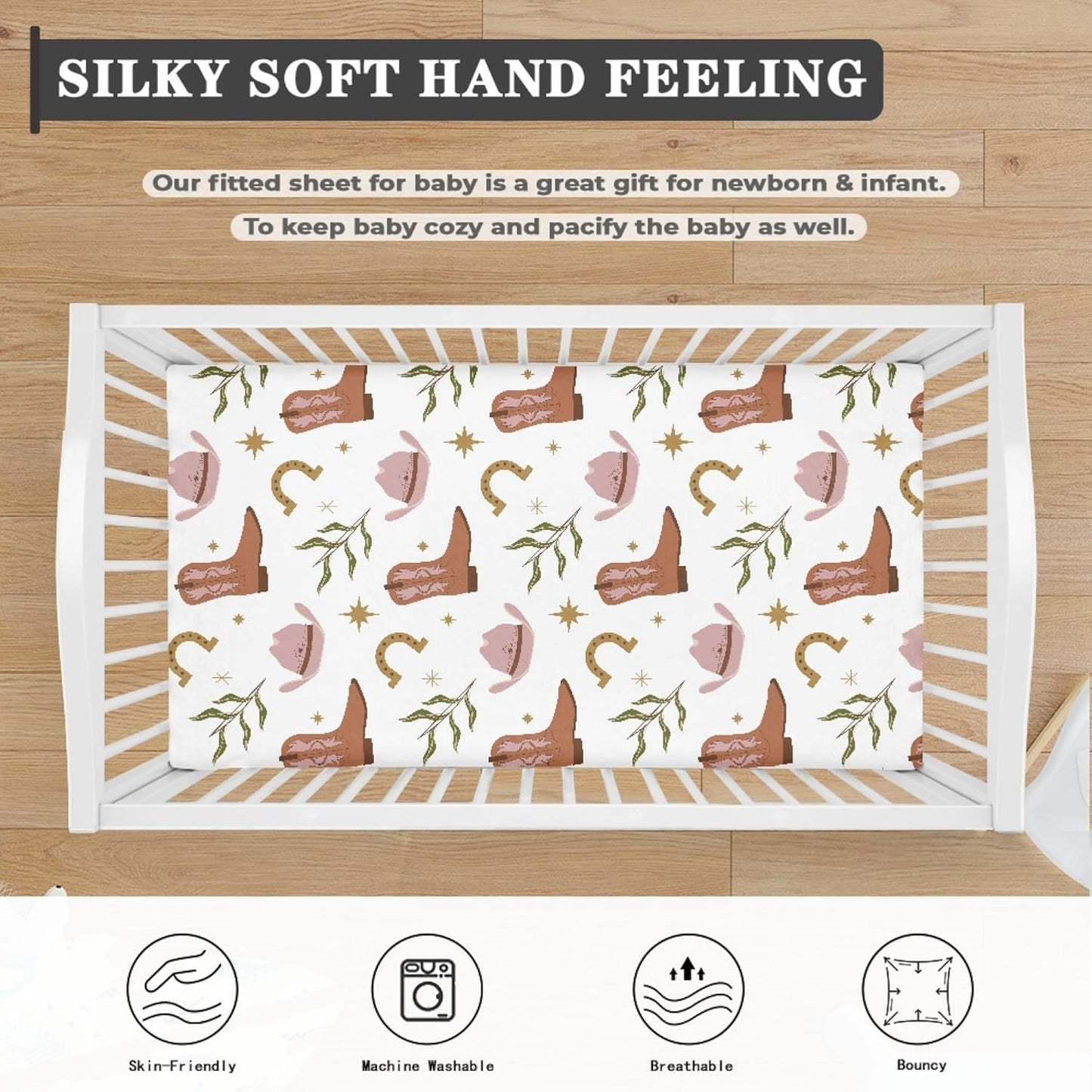 Western Pattern Design Fitted Crib Sheet Cowboy Style Baby Crib Sheet Fit Standard Crib and Toddler Mattress,Crib Mattress Sheets for Boys Girls 28"x52"
