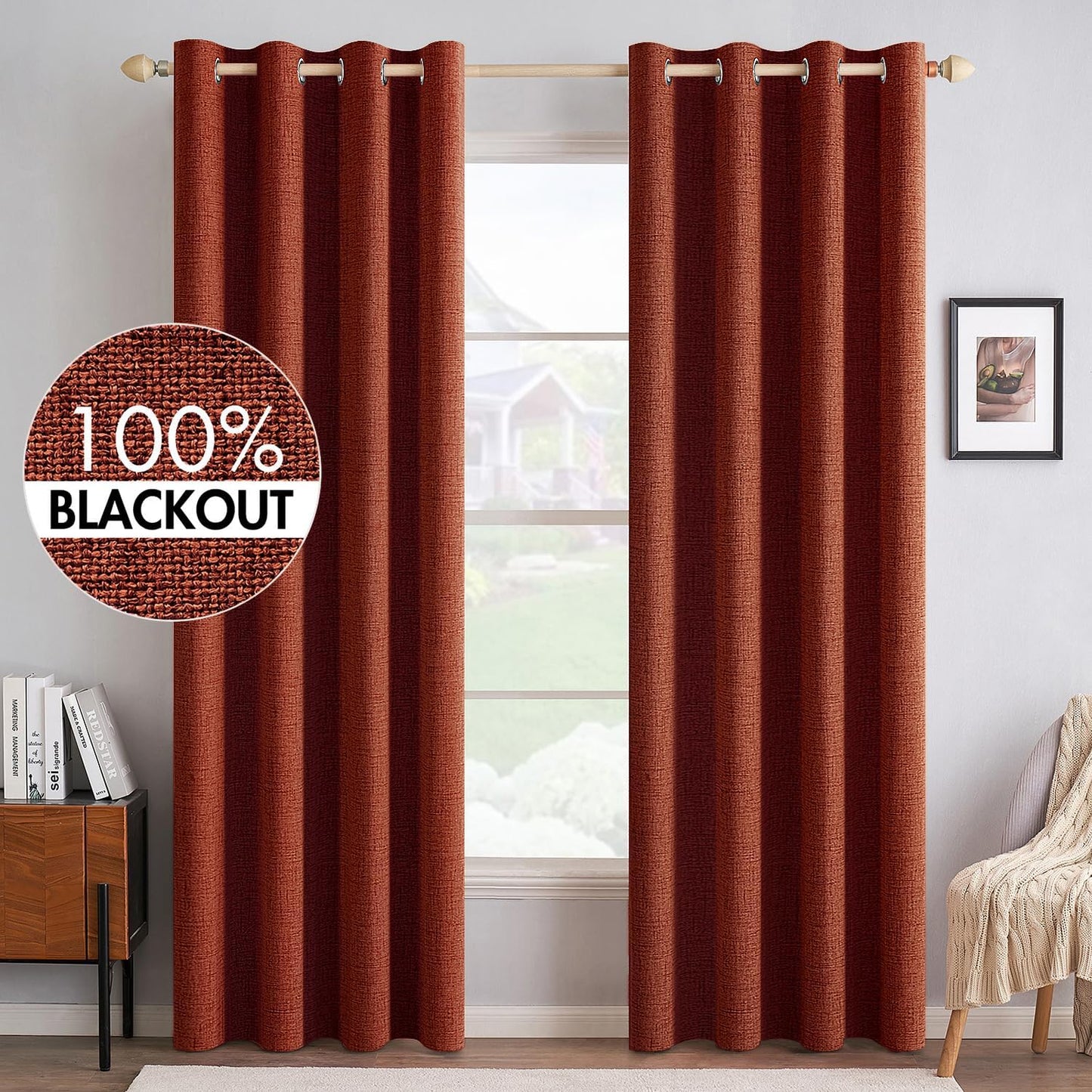 MIULEE 100% Blackout Linen Curtains for Bedroom Thermal Insulated Burnt Orange Grommet Room Darkening Curtains & Drapes Rust Terracotta Fall Decor for Living Room Nursery 52 x 108 Inch (2 Panels)