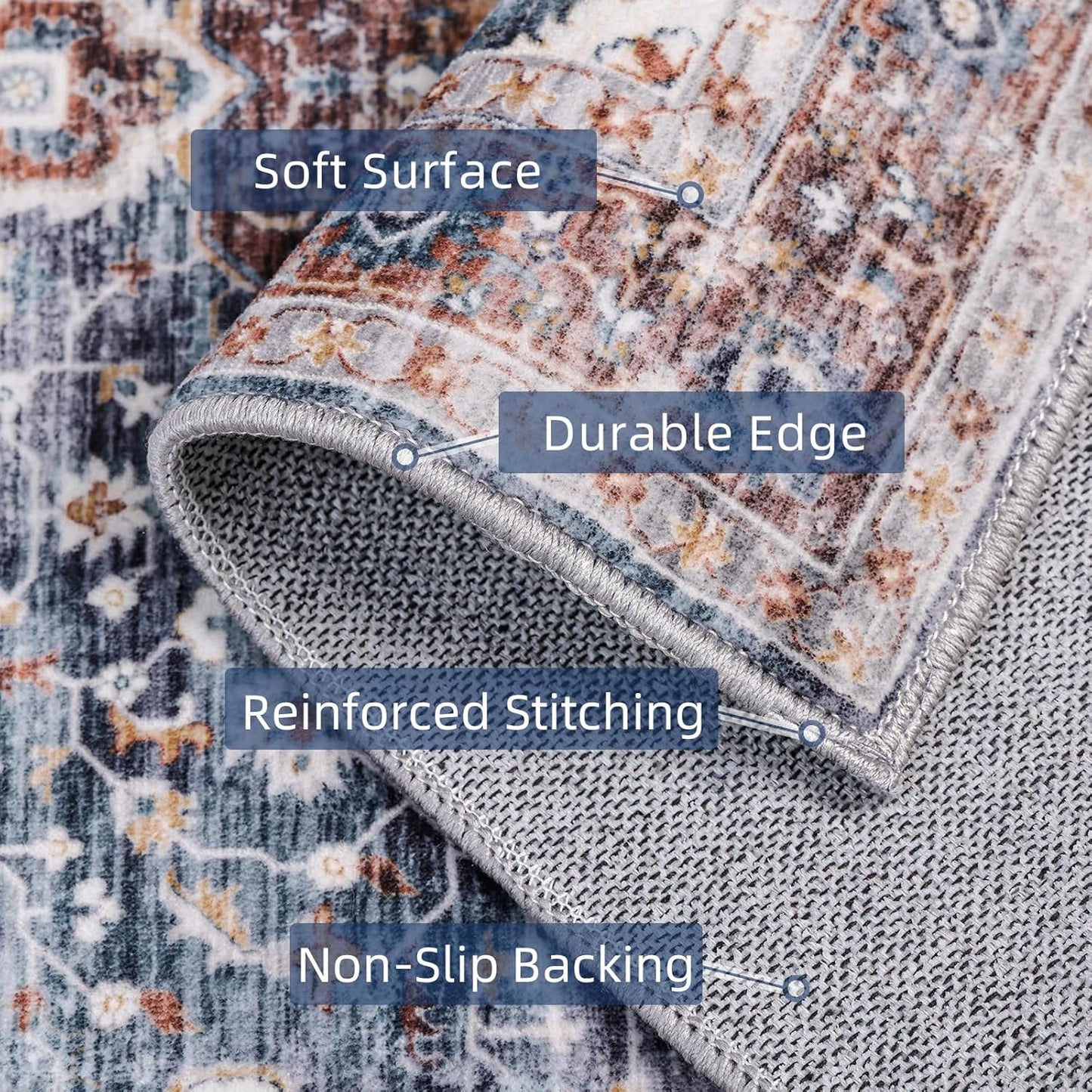 2x3 Washable Boho Rug Small Area Rugs for Entryway Bedroom Bathroom Kitchen Lliving Room, Soft Flower Rugs Low Pile Non-Slip Rubber Backing(Border Brown/Navy Blue)