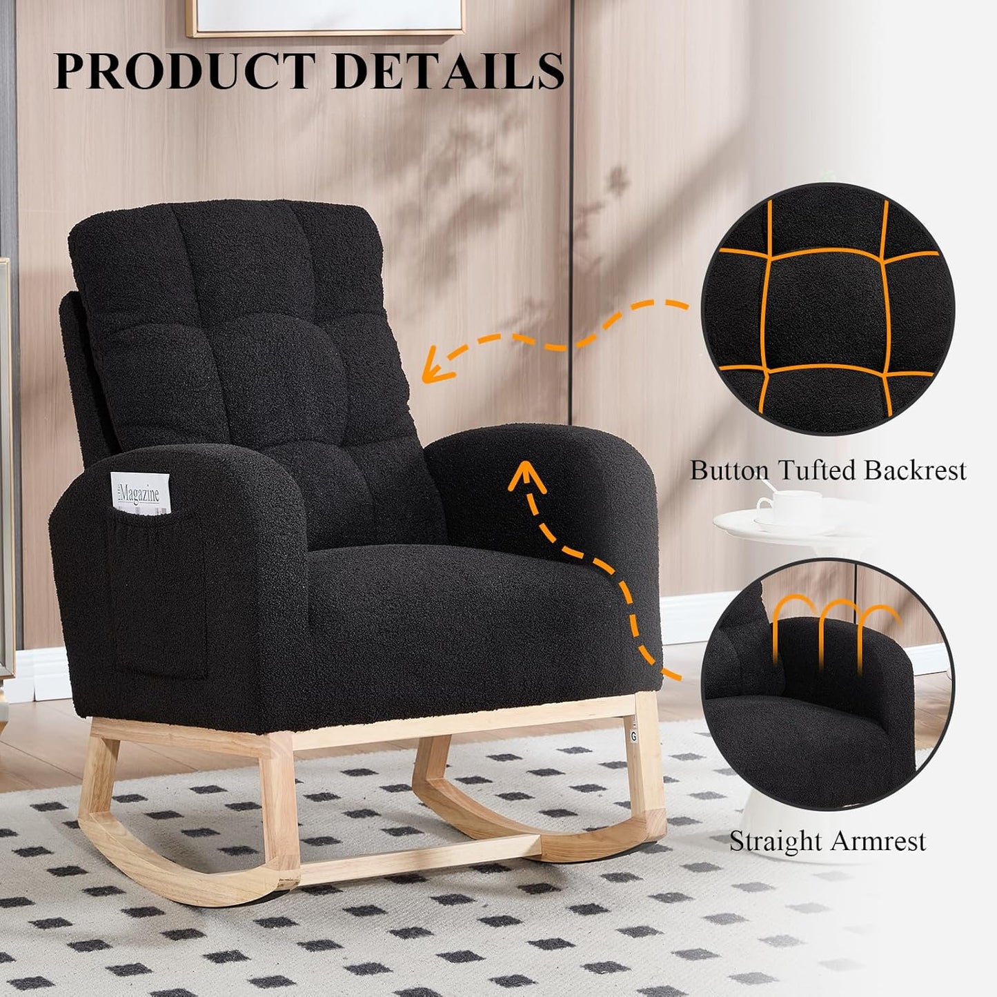 NIOIIKIT Nursery Rocking Chair, Teddy Upholstered Glider Chair with Side Pocket, Glider Rocker Chair with Tufted Back, Comfy Accent Nursing Chair for Living Room (Black Retro)