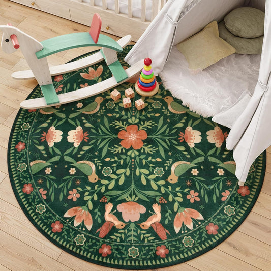 Moynesa Machine Washable Round Rug, 6ft Circle Area Rug for Living Room Non Slip, Ultra Thin, Soft, Indoor Boho Bird Dark Green 6'x6' Carpet for Bedroom Office Under Table Kid Playroom