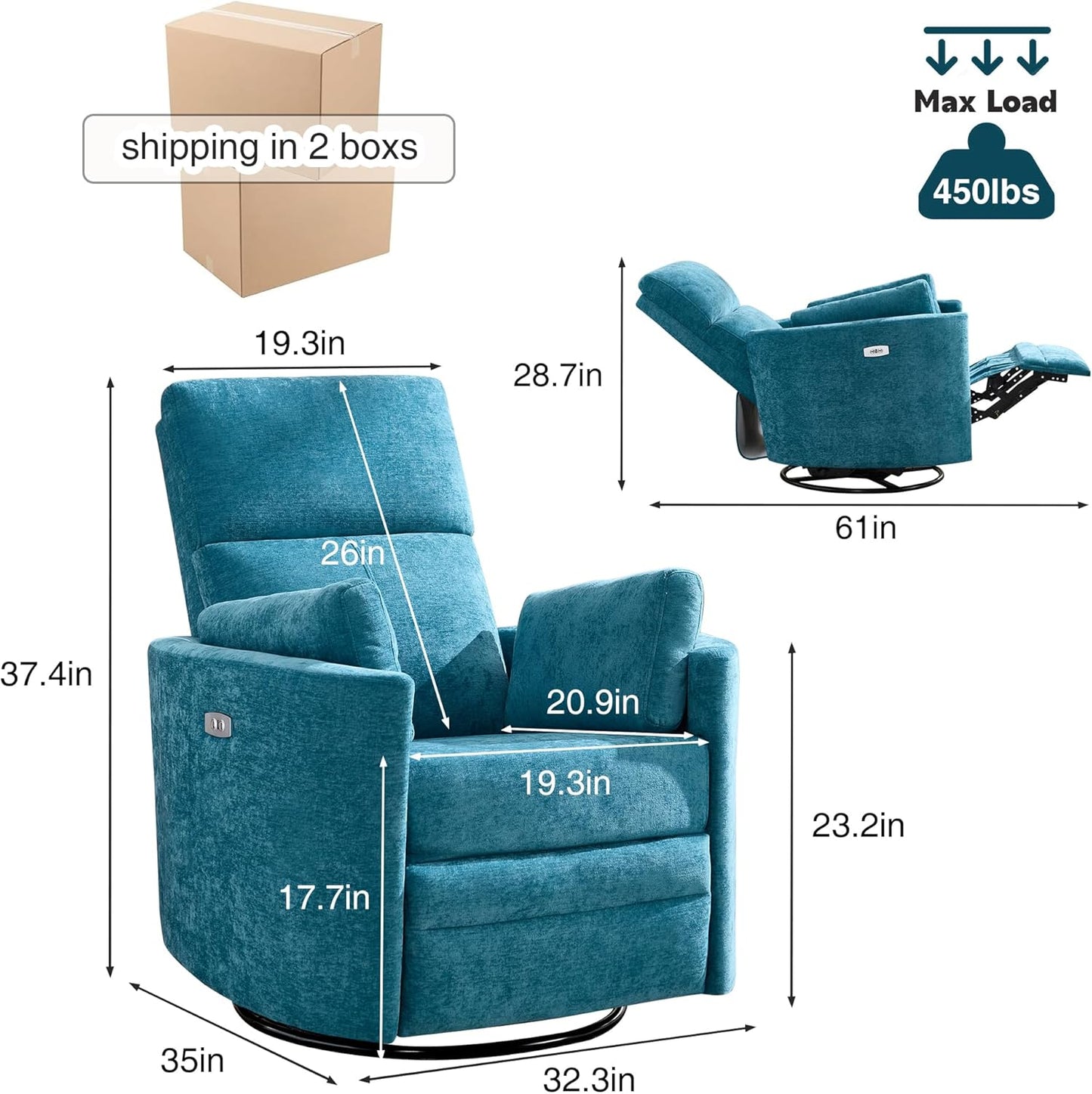 Power Swivel Glider Rocking Recliner, Electric Rocking Chair with USB Port for Living Room Bedroom Upholstered Nursery Chair Adult Rocking Chair with 2 Pillows (Blue, Power-Driven)