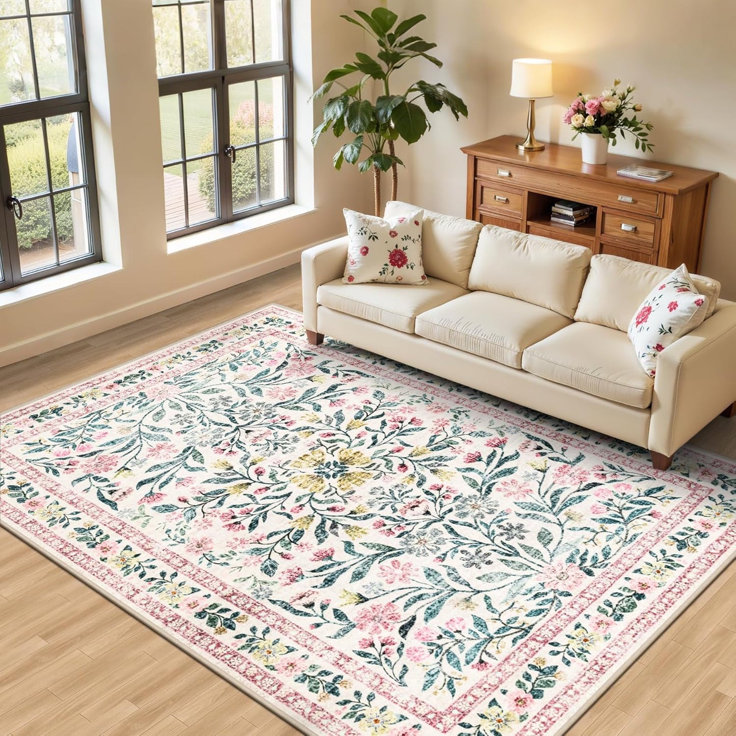 6x9 Area Rugs for Living Room: Floral Washable Rug Vintage Large Soft Boho Non-Slip Carpet Indoor Stain Resistant Thin Carpets for Bedroom Dining Room Farmhouse Nursery Hallway Home Office Pink Green