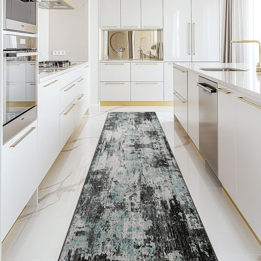 Washable Area Rugs 2'x10' Non-Slip Modern Abstract Soft for Living Room Entryway Bedroom Nursery, Print Pattern, Blue Black Teal