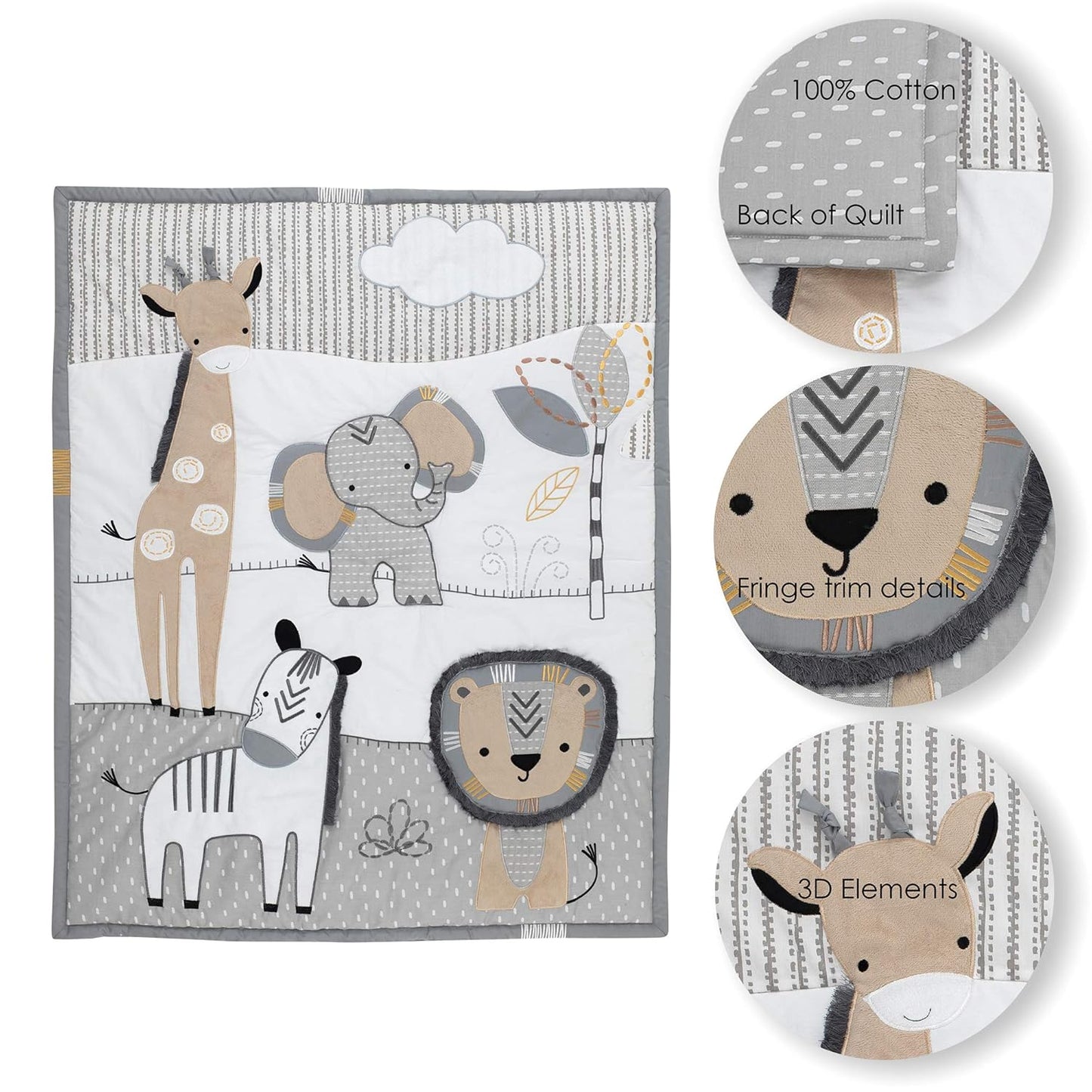 Lambs & Ivy Jungle Safari Gray/Tan/White Nursery 6-Piece Baby Crib Bedding Set