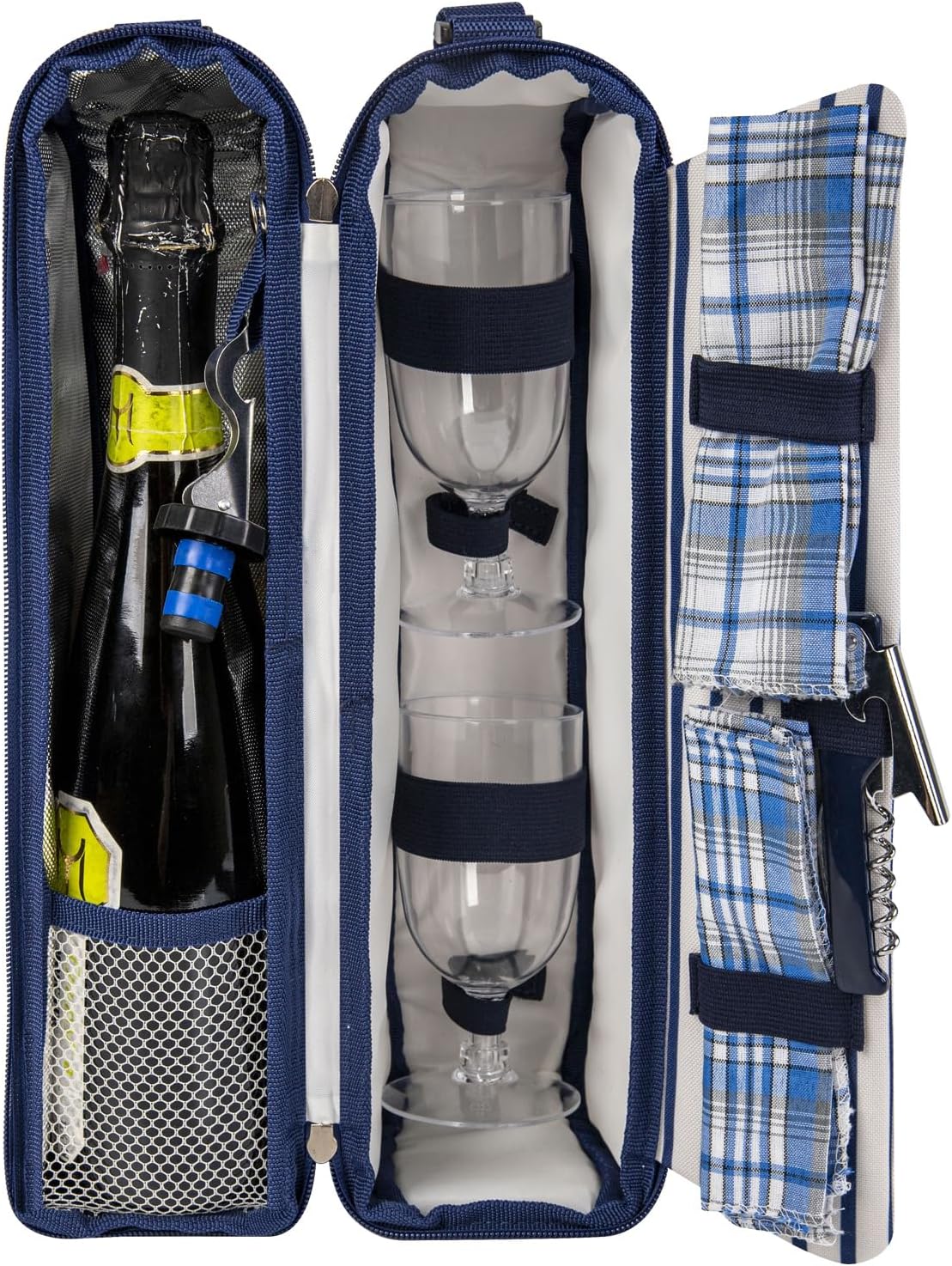 ALLCAMP Wine Tote Bag with Cooler Compartment，Picnic Set Carrying Two Sets of Tableware（Blue Stripe）