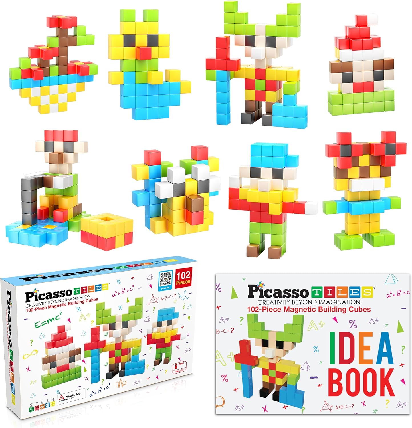 PicassoTiles 102pcs Pixel Magnetic Puzzle Cube 1” Pixel Mix & Match Toys with Ideabook STEM Education Learning Building Block Magnets Construction ToySet Stacking Creative Kit for Kids Age 3+ PMC102