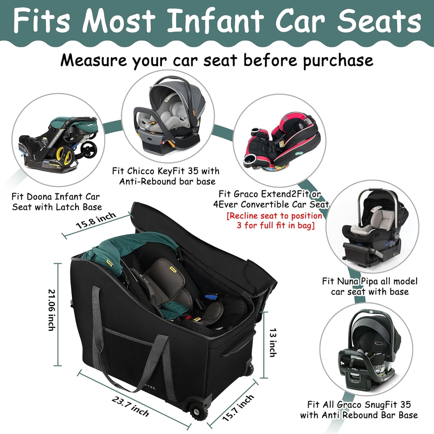 Infant Car Seat Travel Bag Fit Doona Car Seat Stroller and Base, Chicco Keyfit 35 and Base, Doona Travel Bag with Wheels, Padded Car Seat Bags for Air Travel, Nuna Travel Bag with Zipper Pocket