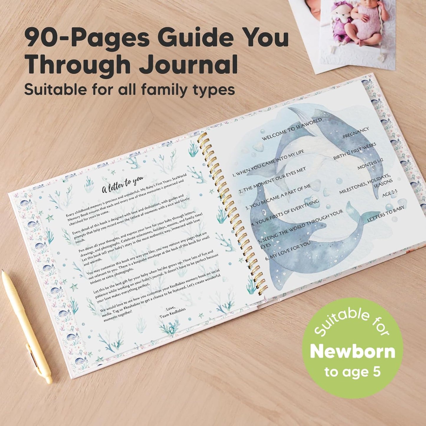 First 5 Years Baby Memory Book Girl, Boy - 90 Pages Hardcover First Year Milestone Keepsake Book, Newborn Scrapbook for New Parents, Minimalist Photo Album Journal, Gift for Baby Shower (SeaWorld)