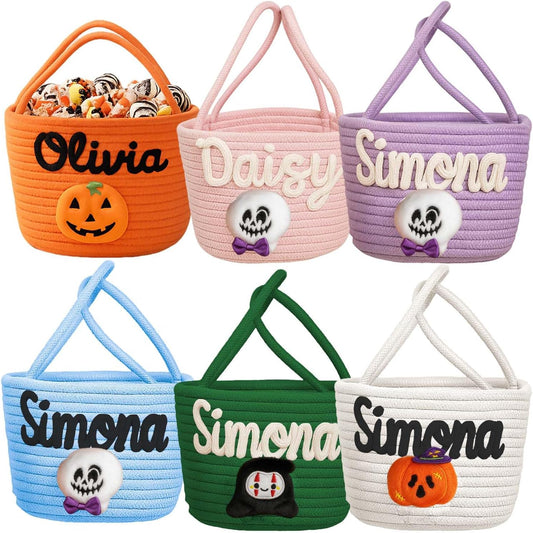 Personalized Halloween Trick or Treat Basket with Name – Custom Woven Candy Bag, Pumpkin or Ghost Bucket for Kids, Boys & Girls