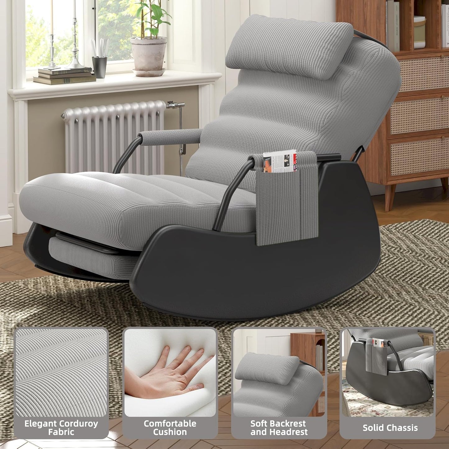Polar Aurora Nursery Rocking Chairs with Soft Seat and Headrest,Corduroy Fabric Accent Chair with Side Pocket,Glider Rocking Chair for Bedroom/Living Room/Nursery(Dark Grey/Black)