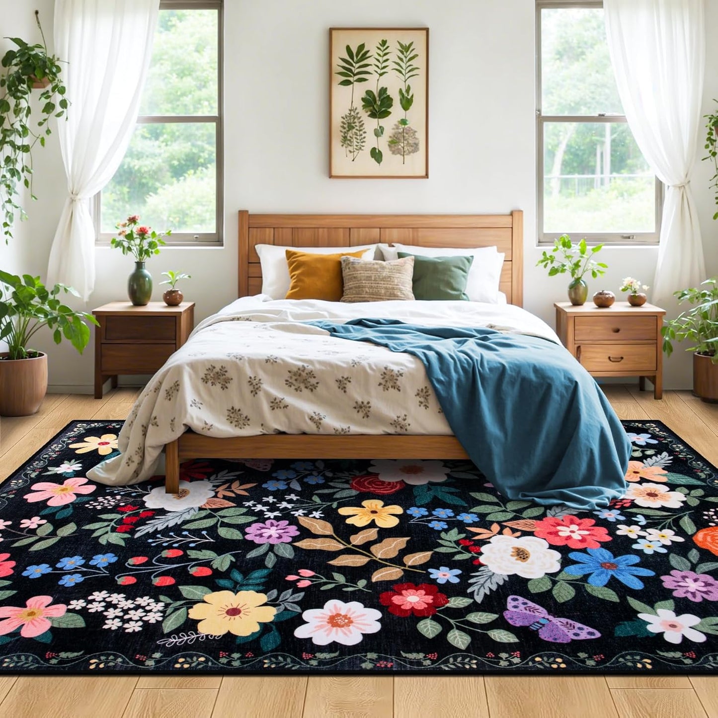 10x12 Area Rugs for Living Room: Floral Washable Rug Vintage Large Soft Boho Non-Slip Carpet Stain Resistant Low Pile Carpets for Bedroom Dining Room Farmhouse Nursery Hallway Home Office Black