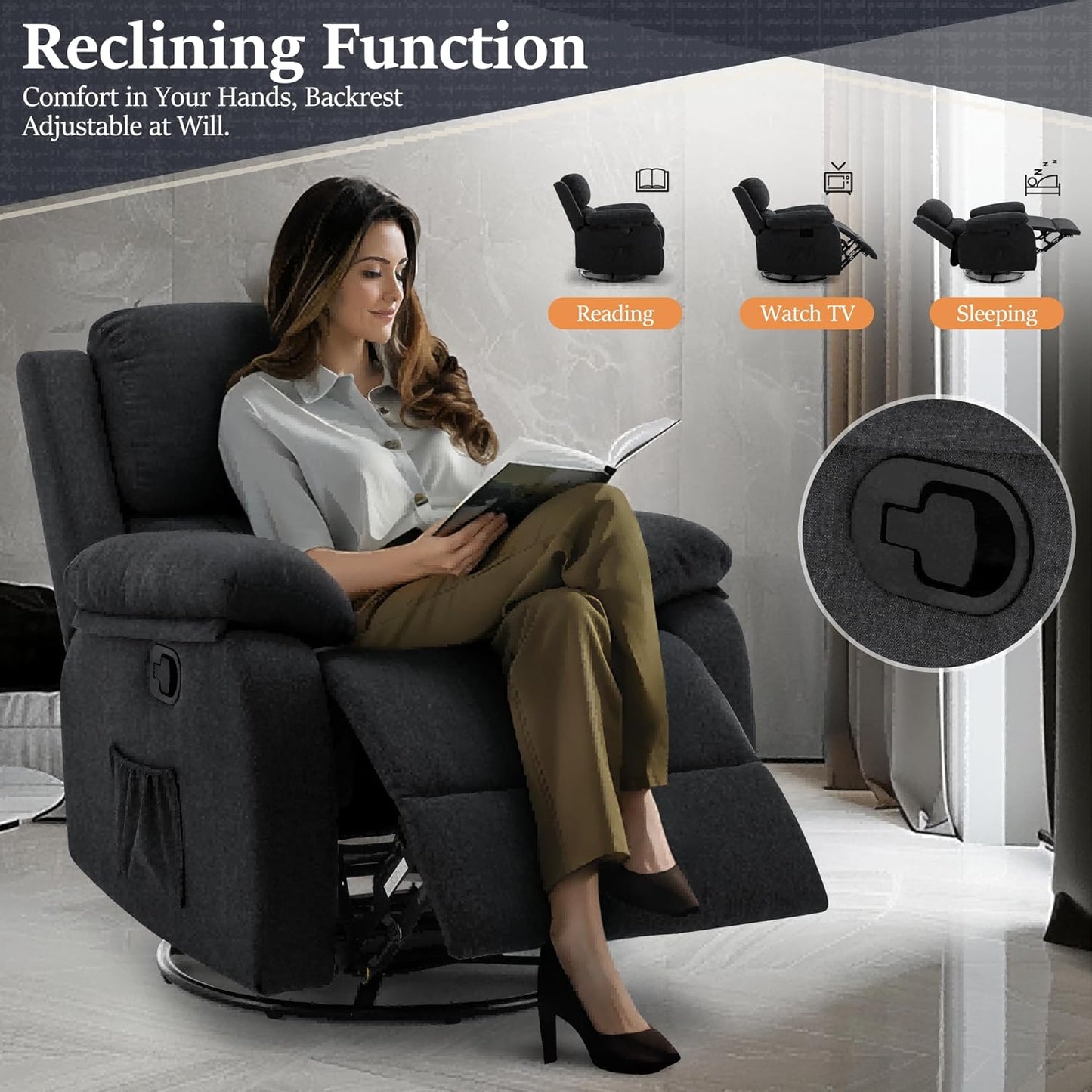 Recliner Chair, 360 Swivel Rocker Chair for Adults, Small Rocking Recliner Chair for Small Spaces, Upholstered Fabric Glider Recliner Nursery Chair with Side Pockets for Living Room, Nursery