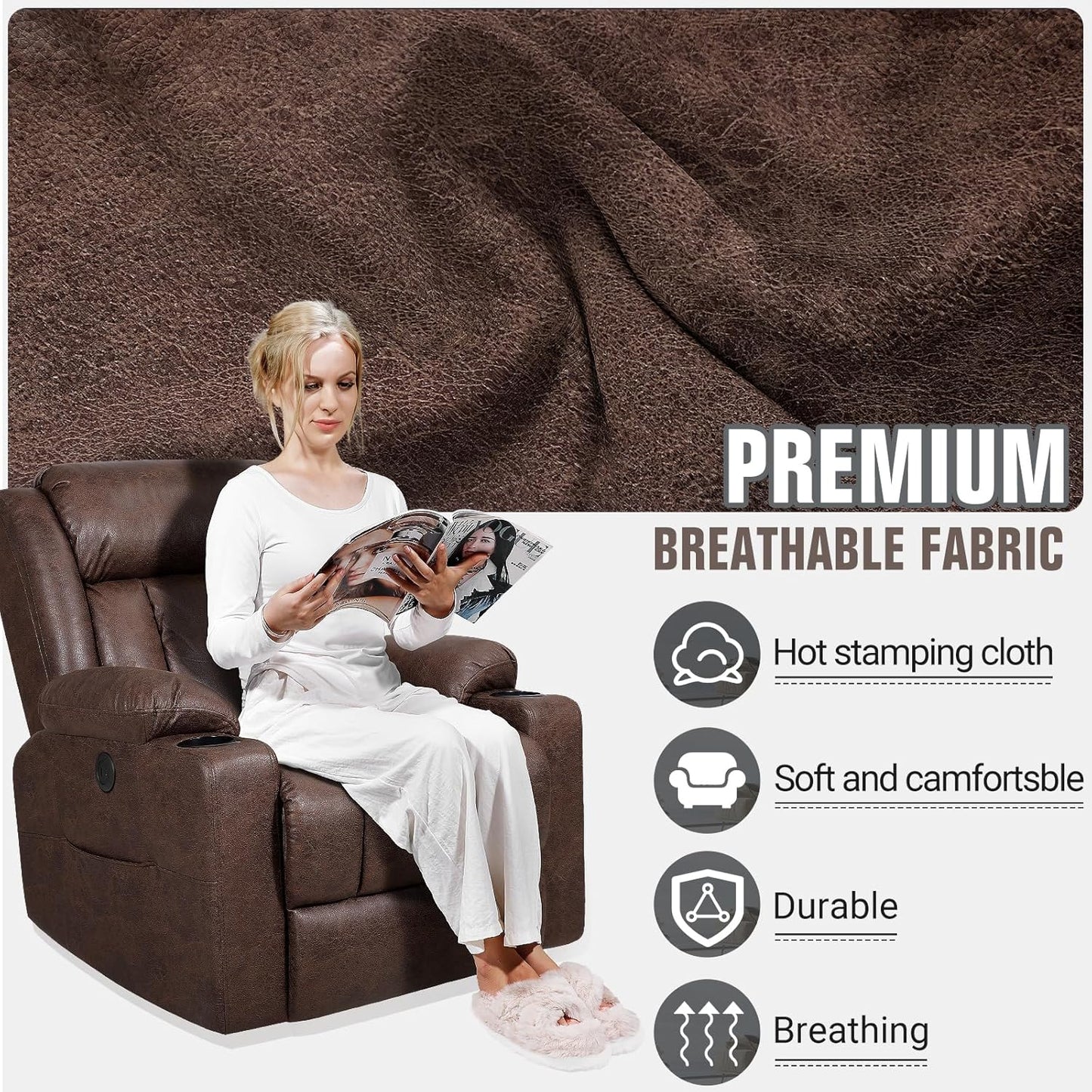 Retro Rocking Recliner Chair, Massage Rocker Recliner Chair with Vibration Massage and Heat, USB and Type-C Ports,360° Swivel Chairs,Living Room, Bedroom, Nursery, RV, Brown