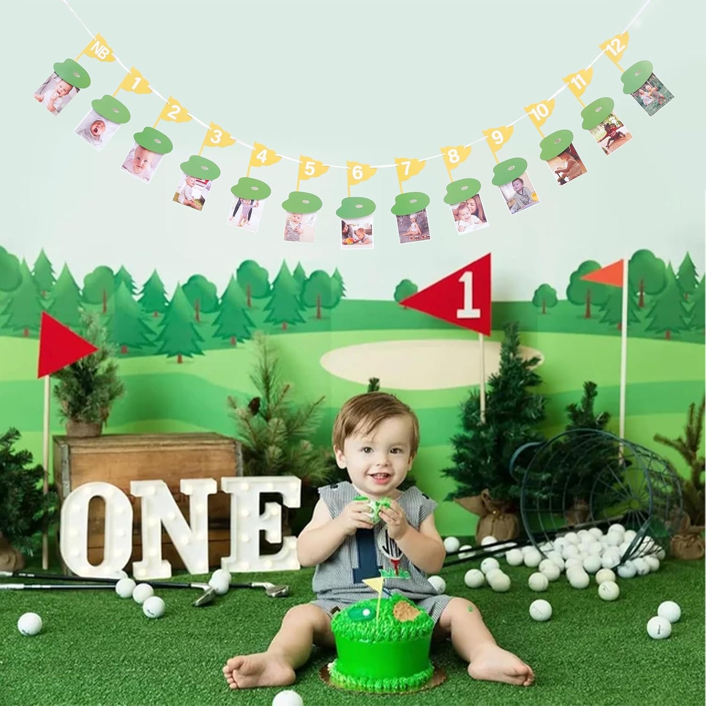 Golf 12 Monthly Photo Banner - Hole In One Monthly Photo Banner,Newborn To 12 Months Photo Banner,Baby's First Year Golf Themed Birthday, Milestone Banner Golf Monthly Photo Banner (yellow)
