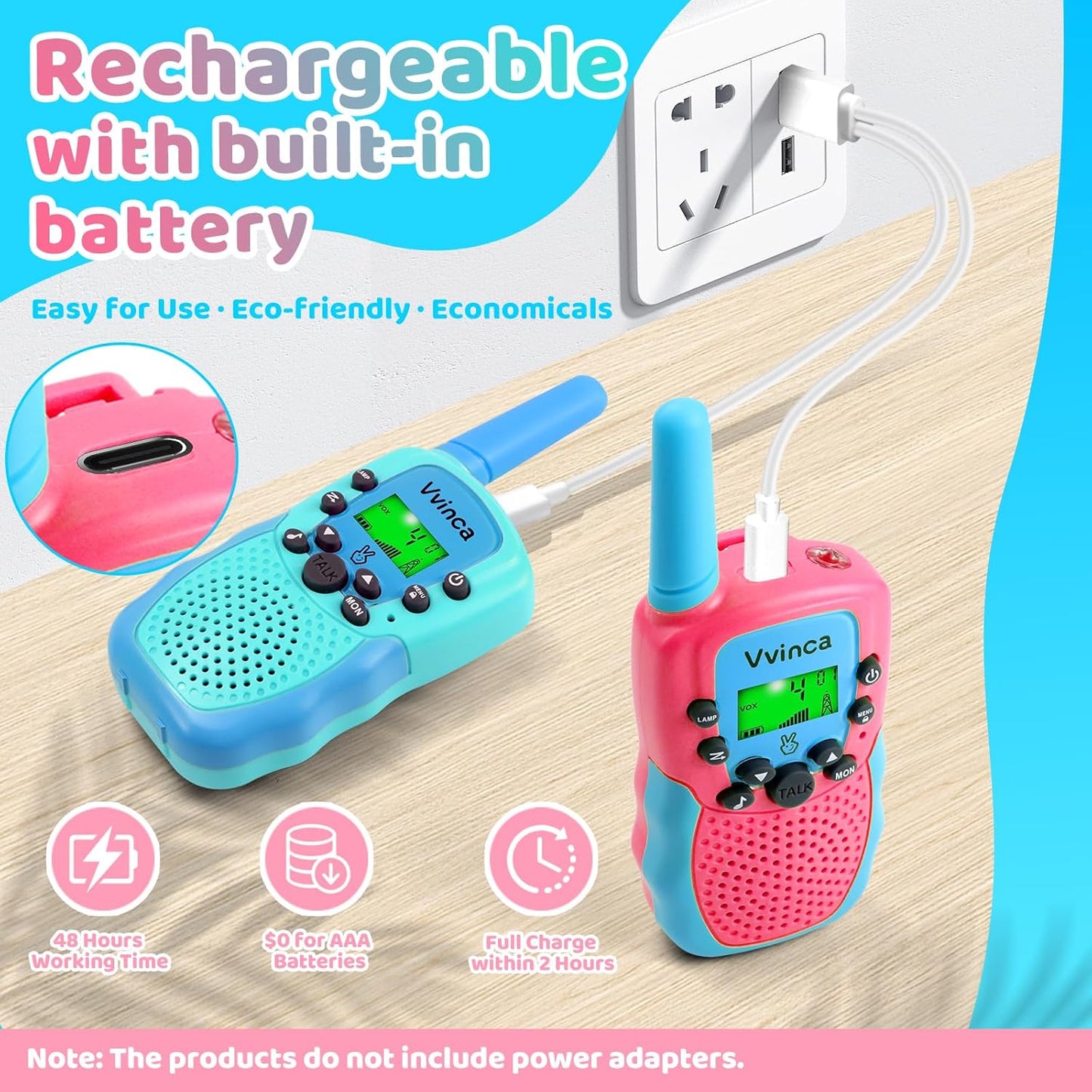 Vvinca Rechargeable Walkie Talkies for Kids, Long Range 22 Channels 2 Way Kids Walkie Talkie with Flashlight for Camping Hiking Indoor Outdoor Toy 3 4 5 6-12 Boy Girl Christmas Birthday Gifts 2 Packs