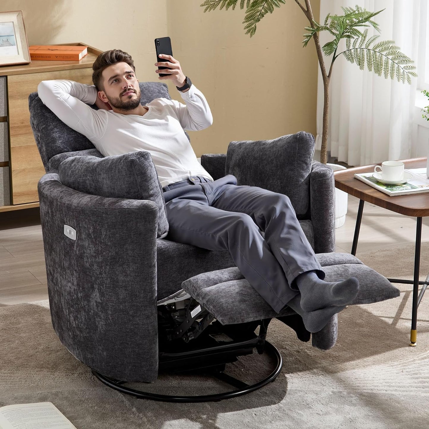 Recliner Swivel Glider Electric Rocking Chair with USB Port,Upholstered High Back Nursery Rocking Chair,Adult Power Recliner Chair with 2 Pillows for Living Room Bedroom(DRAK Grey, Power-Driven)