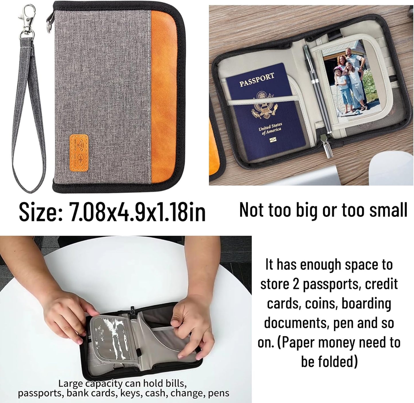 Passport Holder for Famliy Travel Wallet Passport Wallet Document Organizer RFID Blocking with Zipper Clutch Bag Flight Ticket Credit Cards Men Women(Grey)