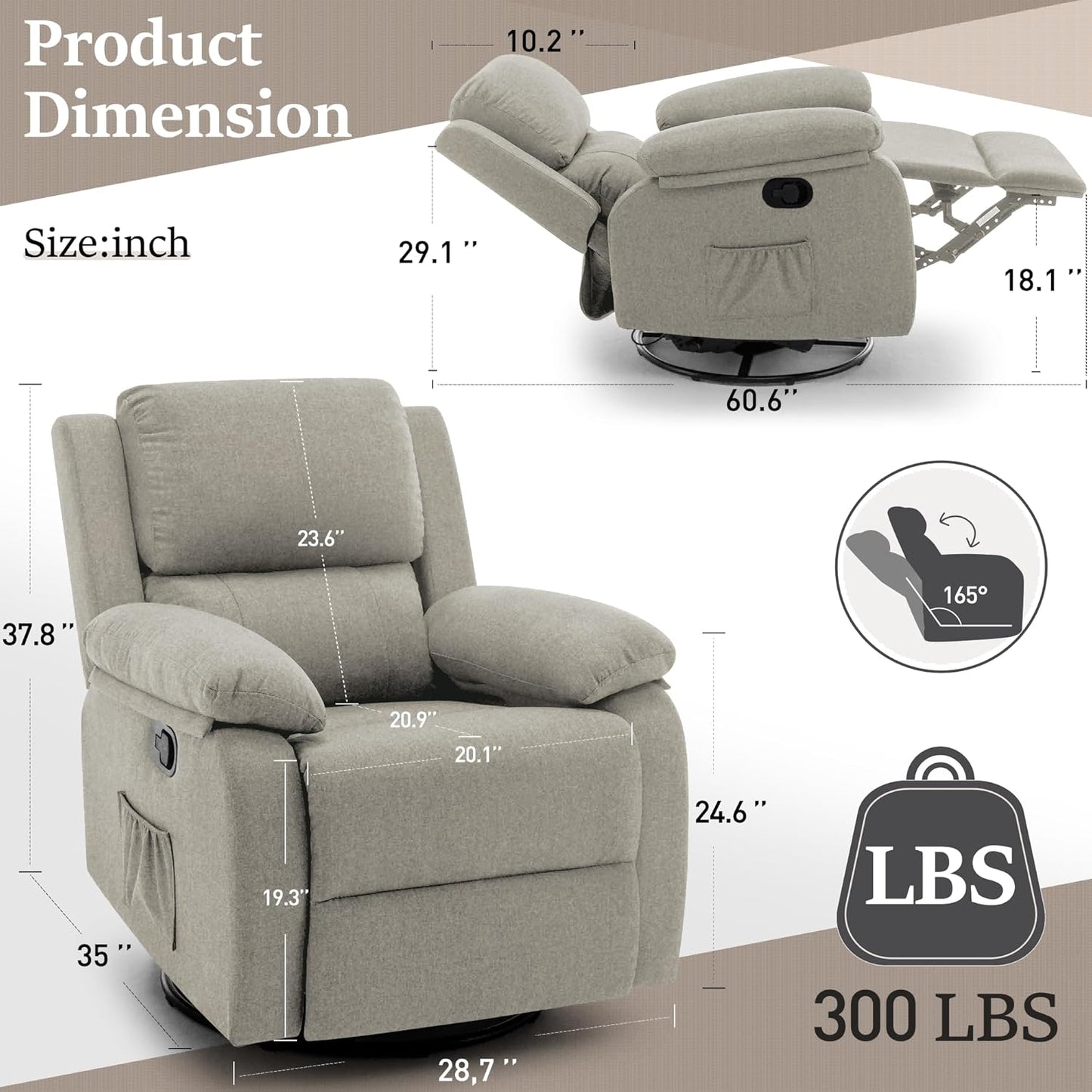 Recliner Chair, 360 Swivel Rocker Chair for Adults, Small Rocking Recliner Chair for Small Spaces, Upholstered Fabric Glider Recliner Nursery Chair with Side Pockets for Living Room, Nursery