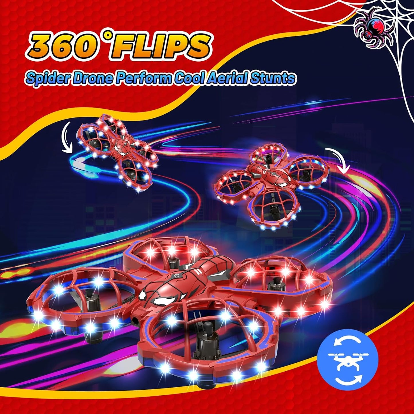 Spider Drone for Kids, Jomzuci RC Mini Drone with 360°Flip, Hover Indoor Drones for Kids 8-12 with 2 Batteries, Headless Mode, 3 Speed Mode, Quadcopter Outdoor Toys Gifts for 8-12 Year Old Boys Girls