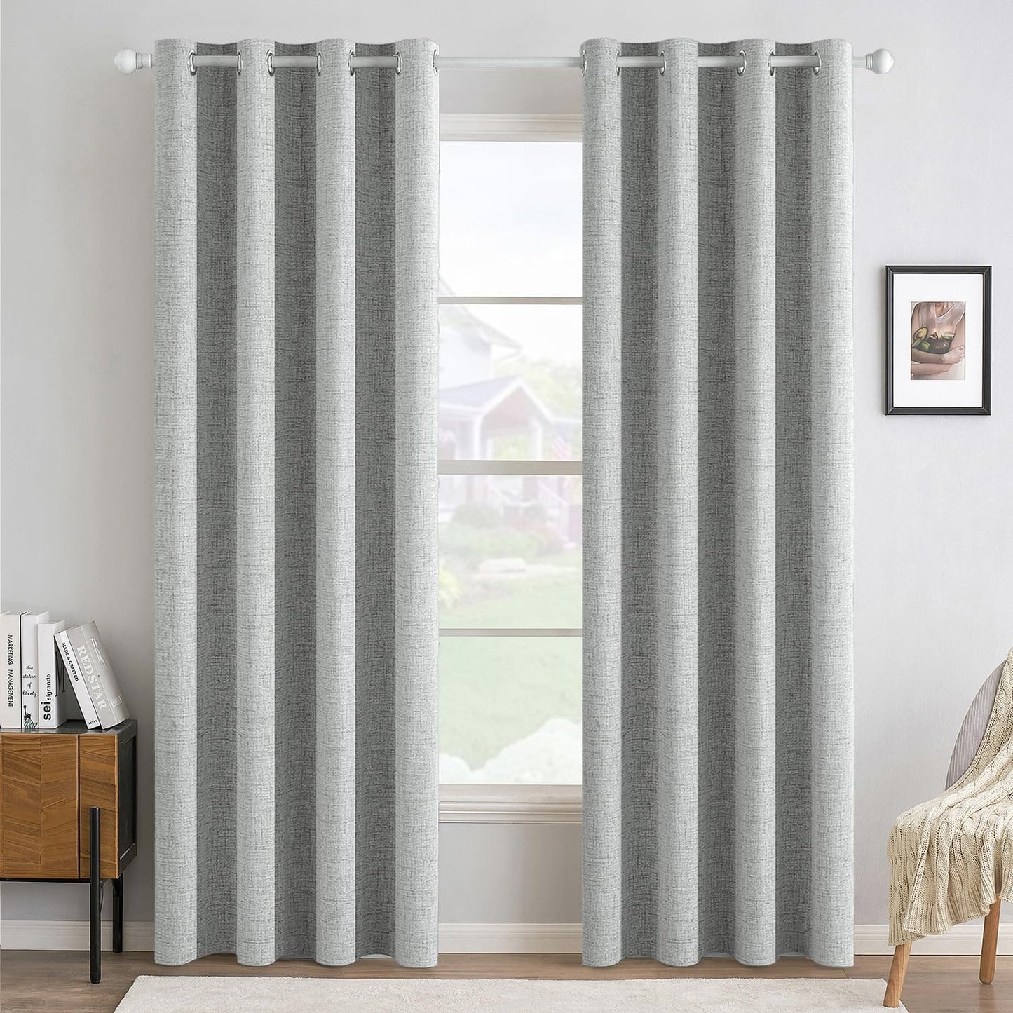 MIULEE Linen Curtains for Bedroom 100% Blackout Thermal Insulated Glacier Gray Grommet Room Darkening Curtains & Drapes for Living Room Nursery 52 x 90 Inch (2 Panels)