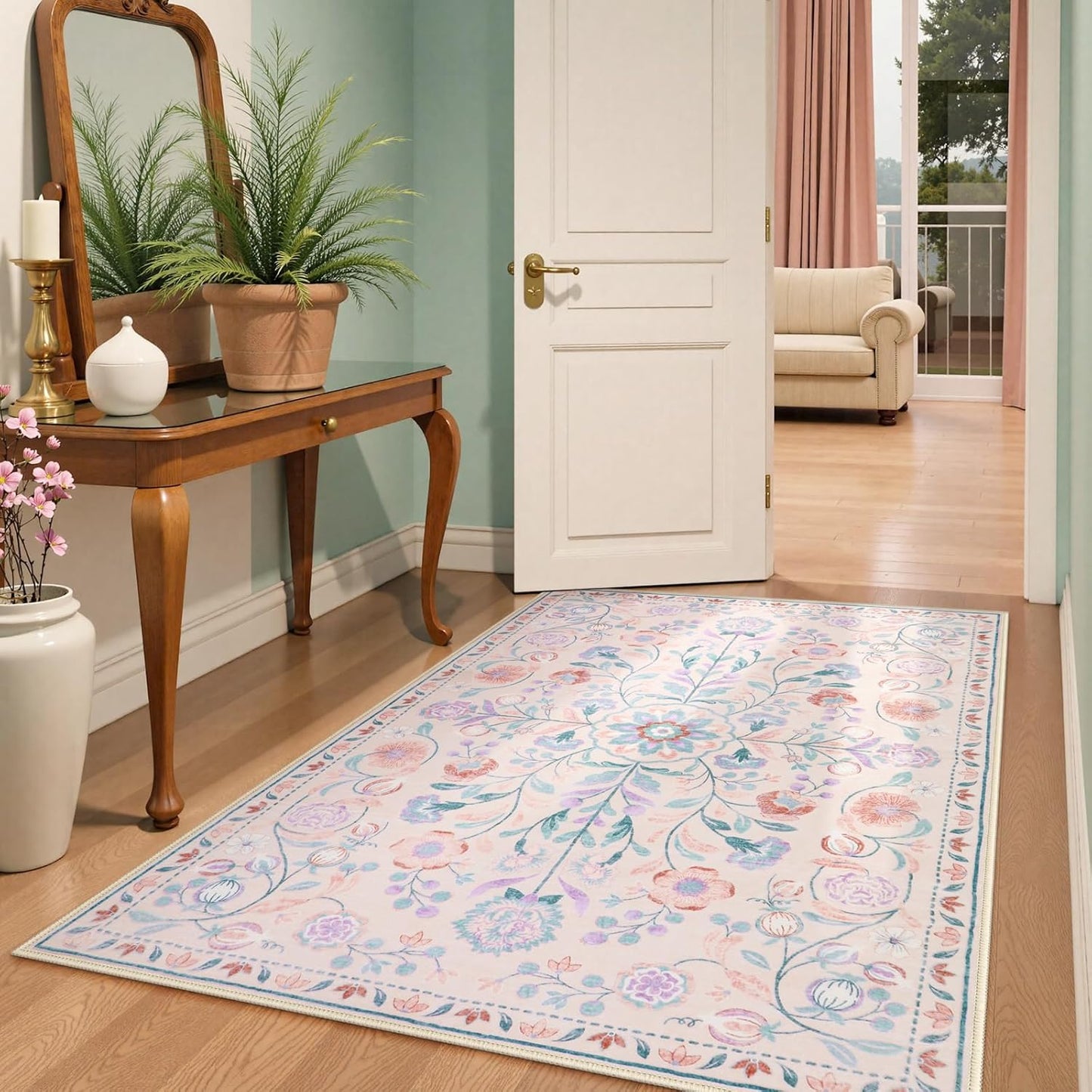 Anidaroel 5x7 Area Rugs for Living Room, Washable Pink Floral Rugs for Bedroom Girls, Soft Boho Nursery Rugs for Kids Playroom, Non Slip Low Pile Indoor Carpet for Bedside Dorm, Pink/Multi