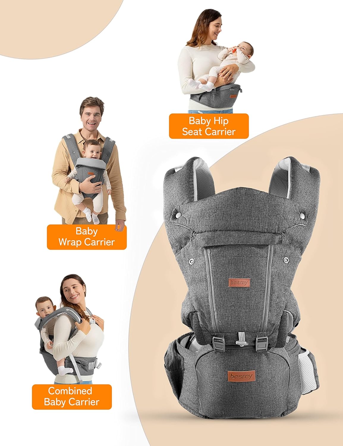 besrey Baby Carrier with Hip Seat Newborn to Toddler 9-in-1, Front Facing Baby Hip Carrier, Breathable Mesh for Moms & Dads, Forward Facing & Backpack Infant Holder (7-45 lbs)
