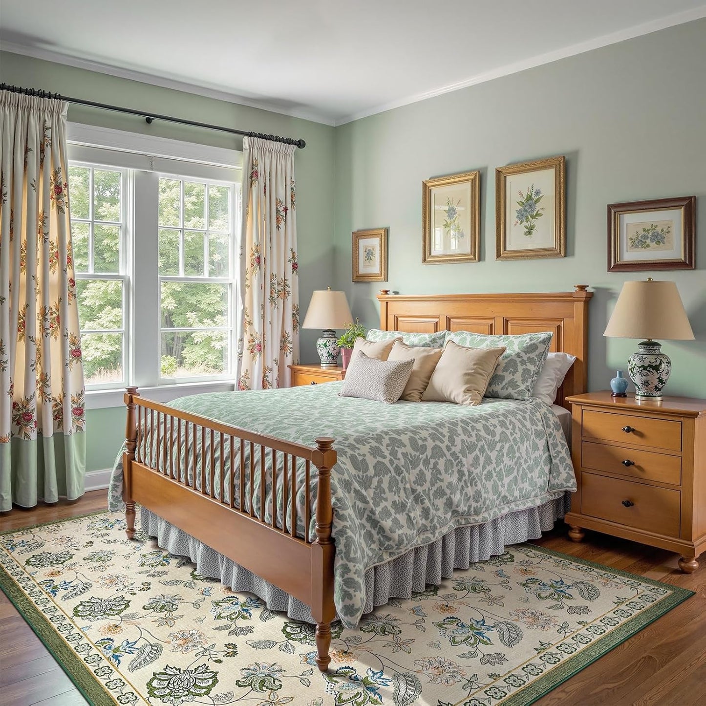 jinchan 8x10 Floral Rug for Living Room Washable Bedroom Rug Vintage Romance Design Non Slip Thin Indoor Floor Cover Large Low-Profile Throw Carpet for Dining Room Office, Green/Beige