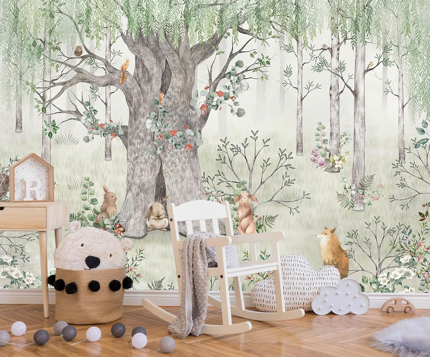 Watercolor Forest Animals Wallpaper Kids Large Tree Mural Wallpaper for Kids Bedroom Living Room(Not Self-Adhesive)