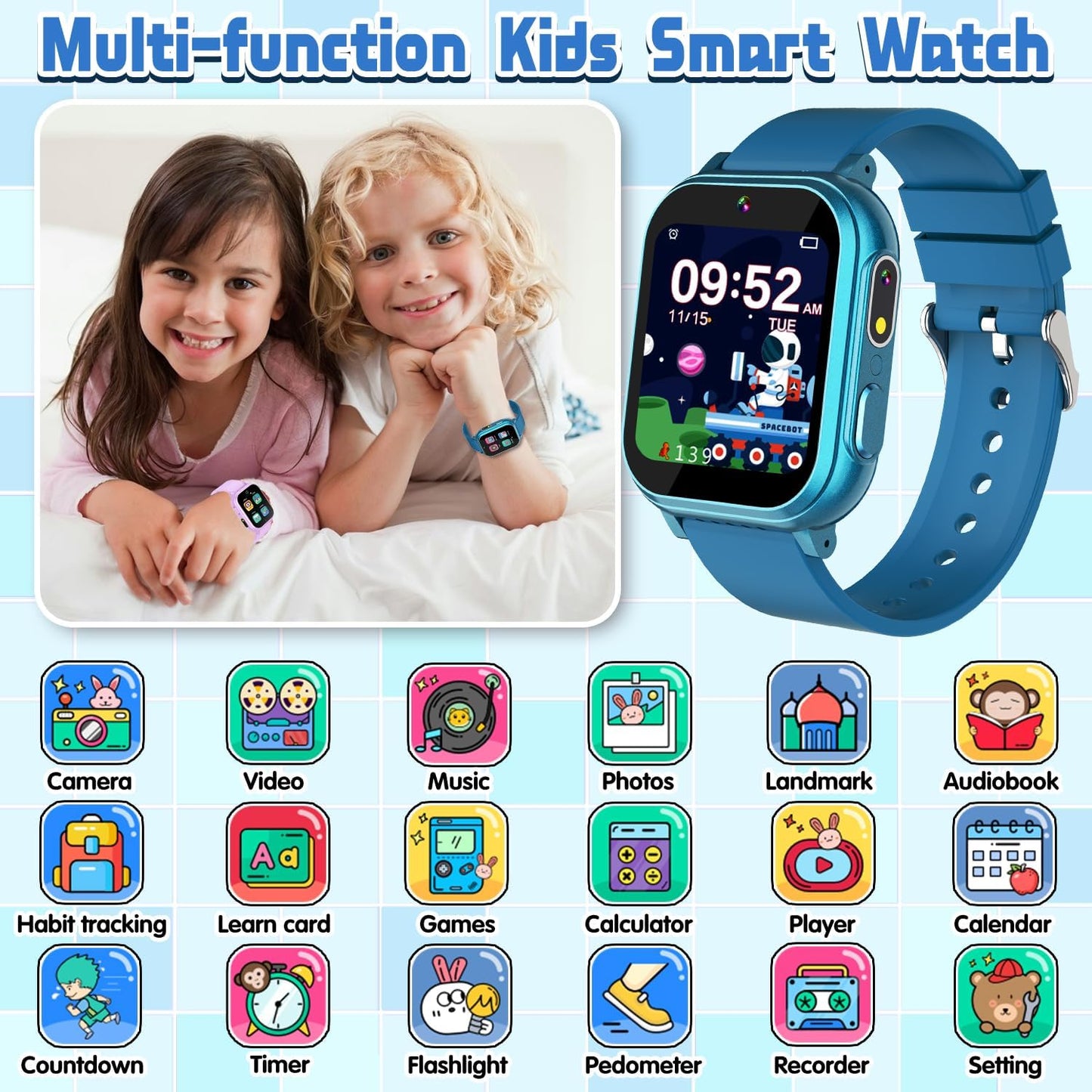 Waterproof Smart Watch for Kids Boys Age 5-12 with 32 Games, Dual Camera, Habit Tracking, Music Player, Video, HD Touchscreen Kids Smart Watch Birthday Gift Toy for 3-12 Year Old (Light Blue)