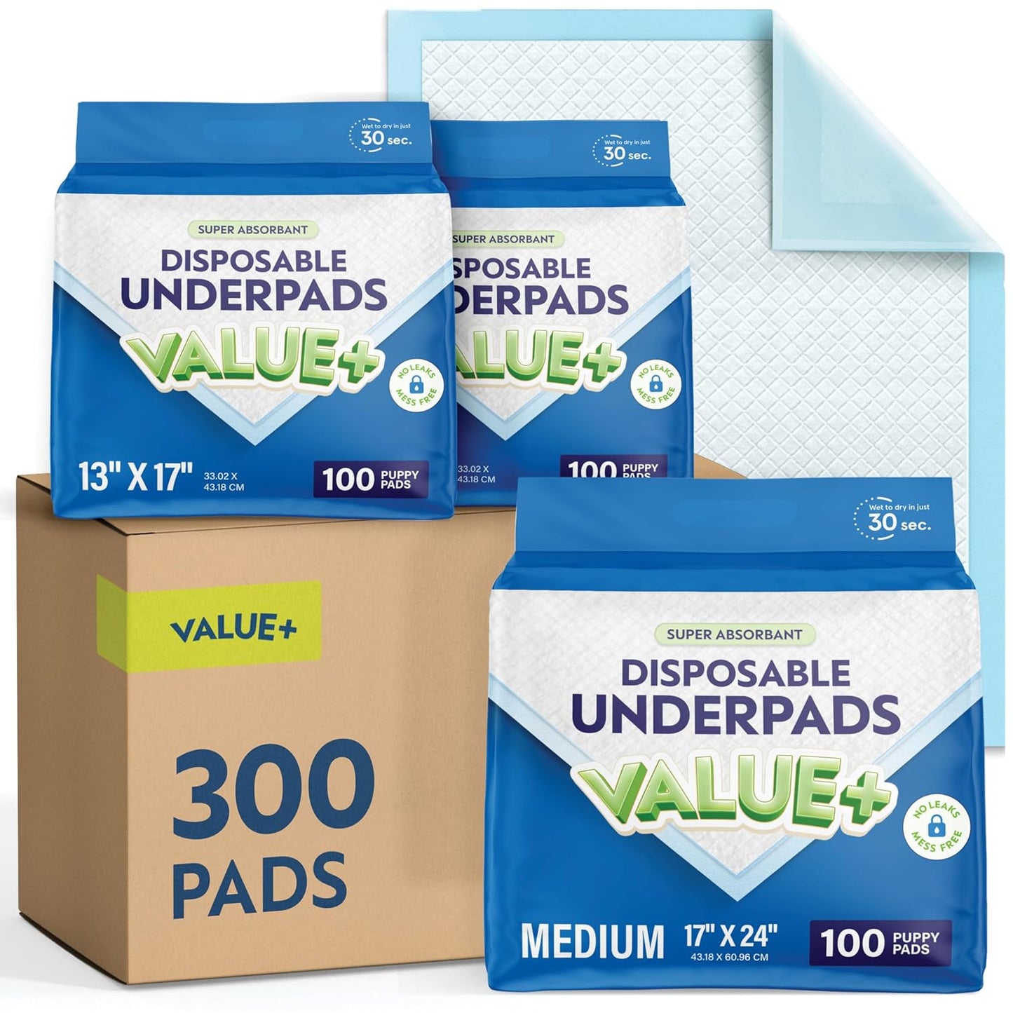 Disposable Chucks Pads [300 Pack - 17x24] Diaper Changing Pad Incontinence Bed Underpads for Baby, Dog & Puppy Pee Pads - Small Waterproof Blue Chux for Medical, Beds, Pet Crate Liners & Travel