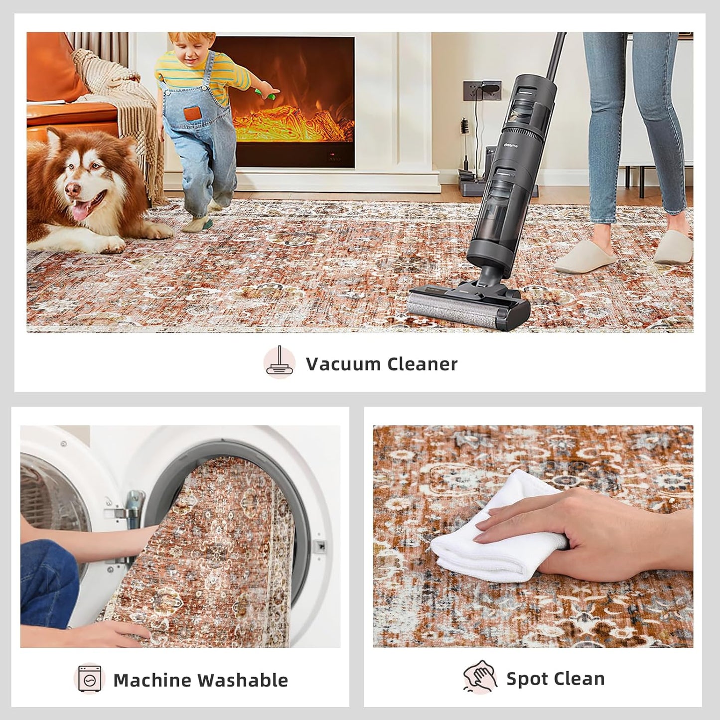 Large 5x8 Area Rugs for Dining Room Machine Washable Rugs Boho 5x8 Rug for Living Room Carpet Non-Slip Family & Pet Friendly Area Rugs Print Floor Rug(Brick Red 5x8ft)