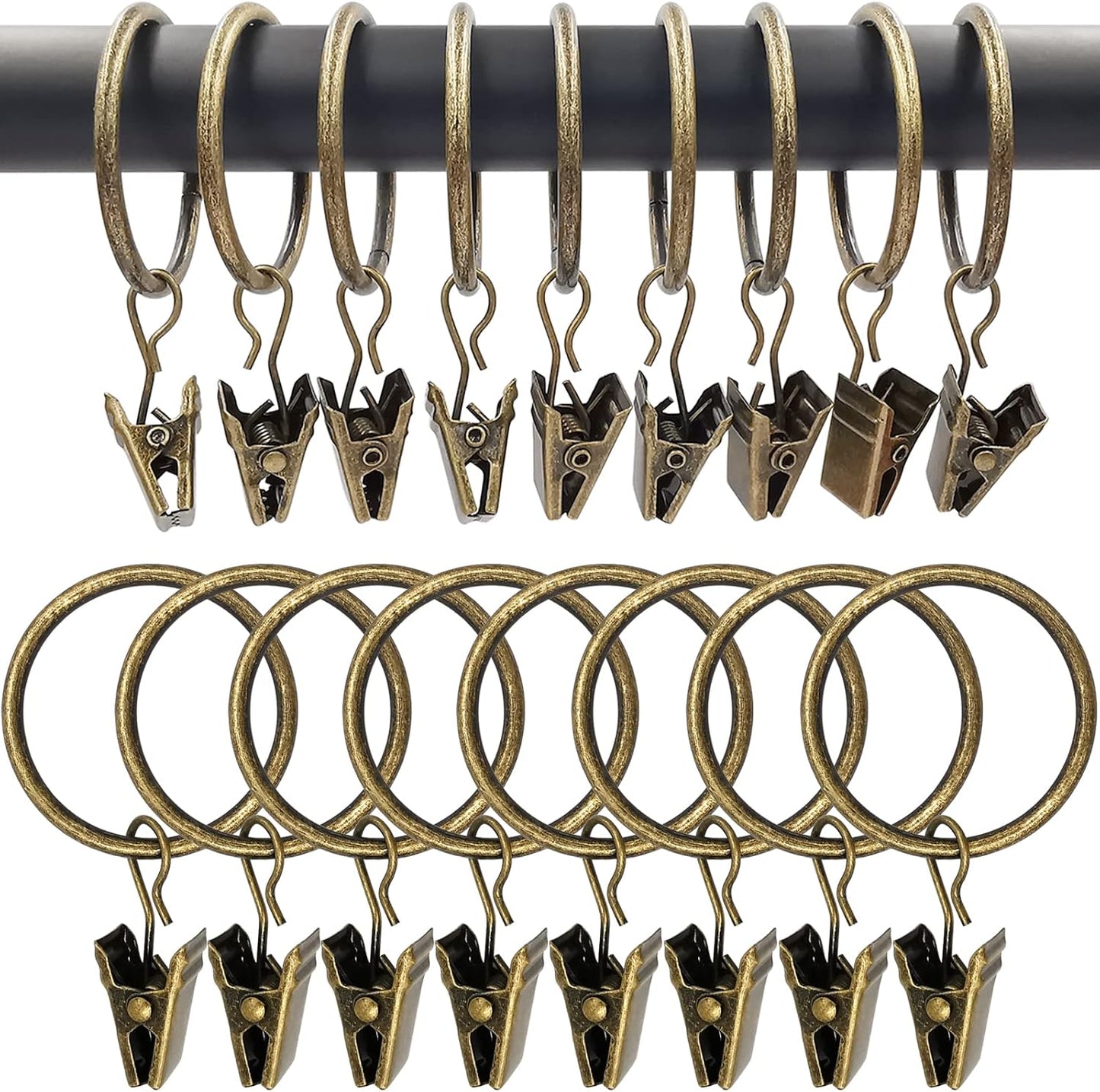 100 Pack Bronze Curtain Rings with Clips, Curtain Hooks Hangers Clip Rings for Hanging Drapes Bows Hat, Drapery Rings 1.26 in I D, Fits up to 1 in Diameter Curtain Rod.