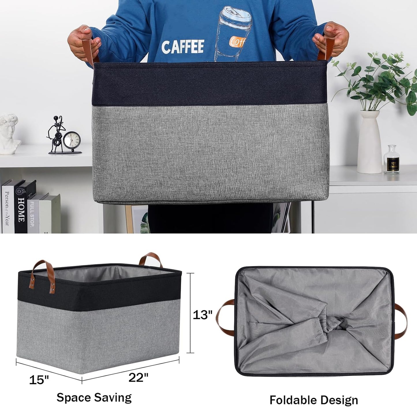 DULLEMELO Extra Large Storage Basket 22X15, 70L Foldable Fabric Toys Baskets Organizer Bins, Black&Grey