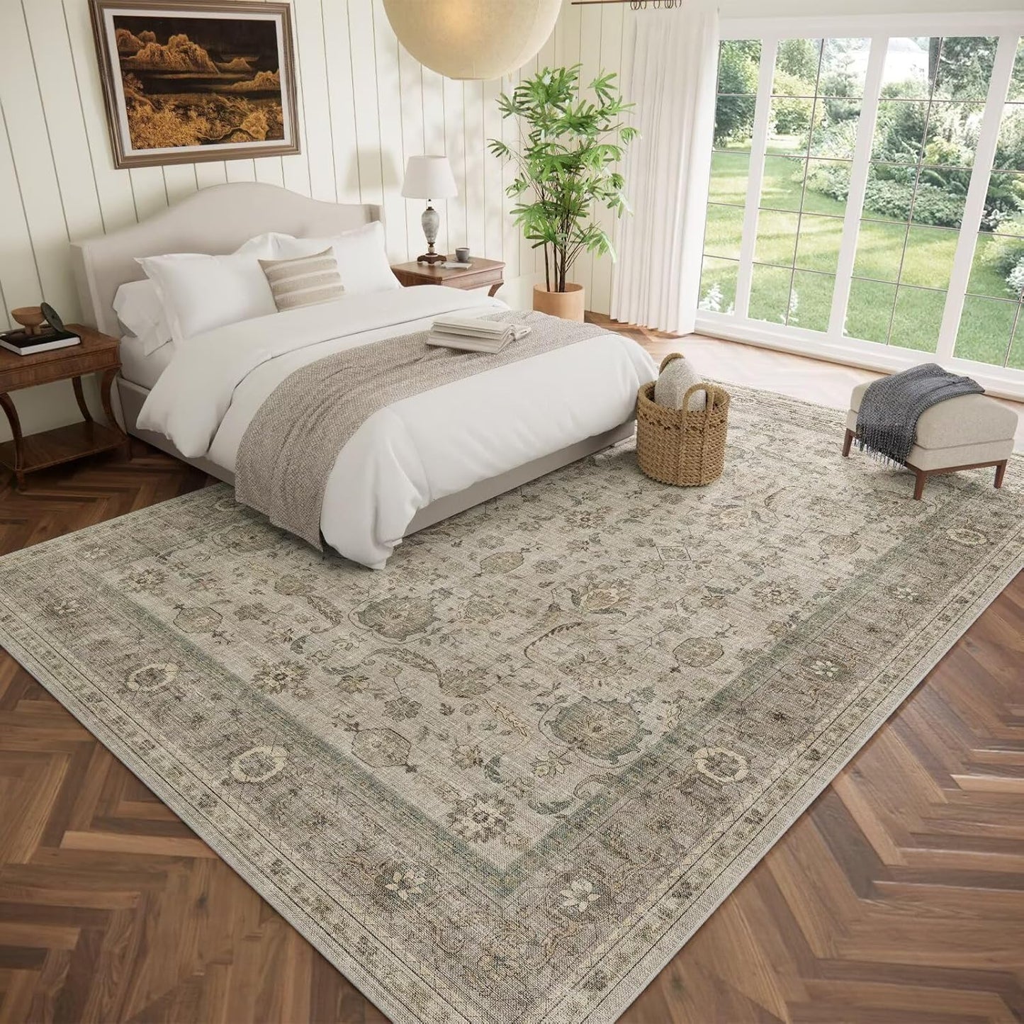 Washable 9x12 Area Rugs for Living Room, Boho Non-Slip Silicone Backing Rugs for Bedroom Dining Room Nursery Office, 0.3" Neutral Oriental Throw Carpet with 0.16" Cushioning Pad, Light Brown/Multi