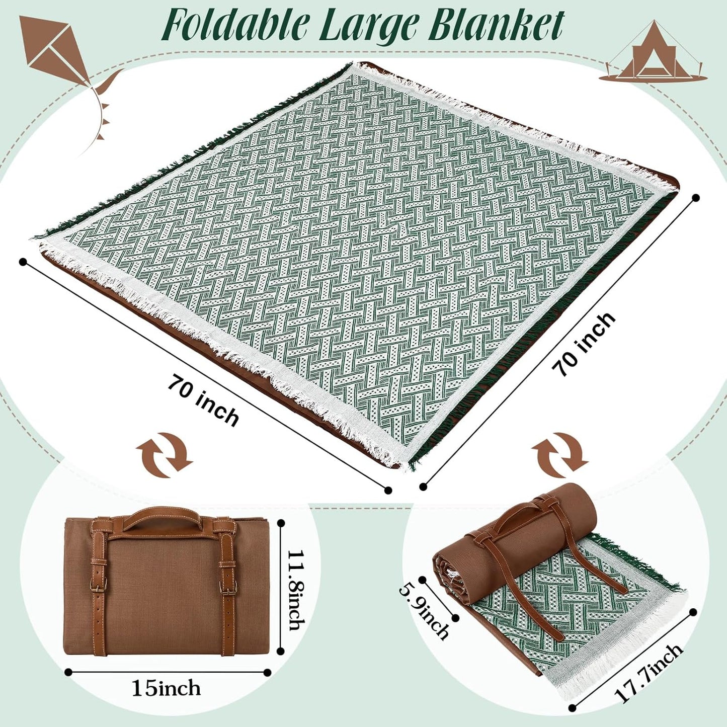 Waterproof Picnic Blankets Outdoor Blanket Foldable 2 in 1 Double Layer Sandproof Beach Mat with Carry Strap for Camping Lawn Park Beach Grass(Green White)