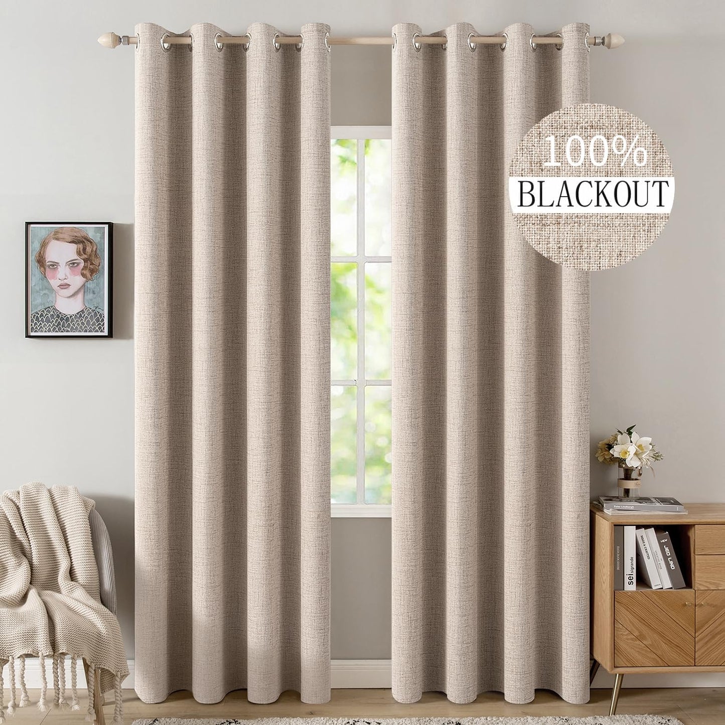 MIULEE 100% Blackout Polyester Textured Curtains for Bedroom Solid Thermal Insulated Natural Beige Grommet Room Darkening Curtains & Drapes Luxury Decor for Living Room Nursery 52 x 108 Inch(2 Panels)