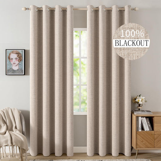 MIULEE 100% Blackout Linen Textured Curtains for Bedroom Solid Thermal Insulated Natural Beige Grommet Room Darkening Curtains & Drapes Luxury Decor for Living Room Nursery 52 x 96 Inch (2 Panels)