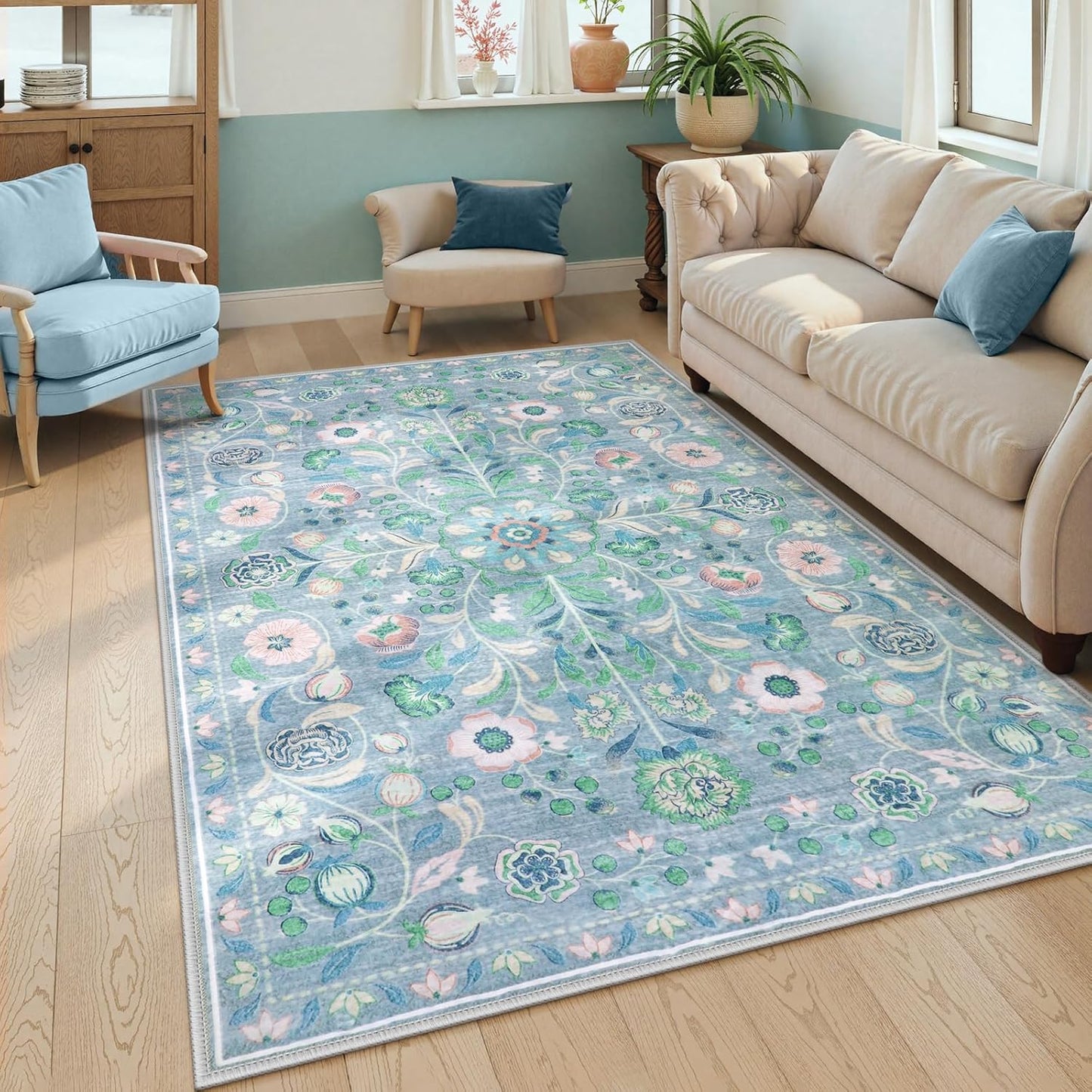 Anidaroel Floral Washable Rugs for Bedroom, 5x7 Boho Area Rugs for Living Room Vintage Distressed Soft Rug, Stain Resistant Non-Slip Throw Rugs Nursery Rugs for Kids Room Dining Room, Blue/Multi
