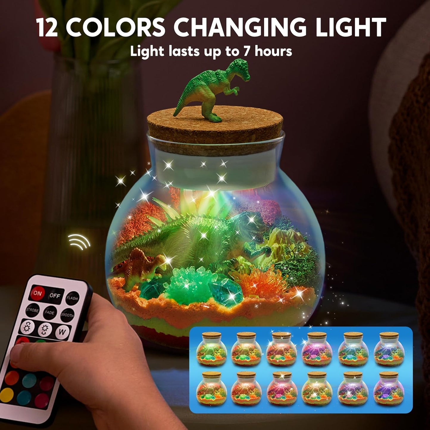 Klever Kits Make Your Own Dinosaur Crystal Terrarium Crafts Kit for Kids-Crystal Growing Science 12 Color LED Night Light Birthday Gifts Toys for Kids