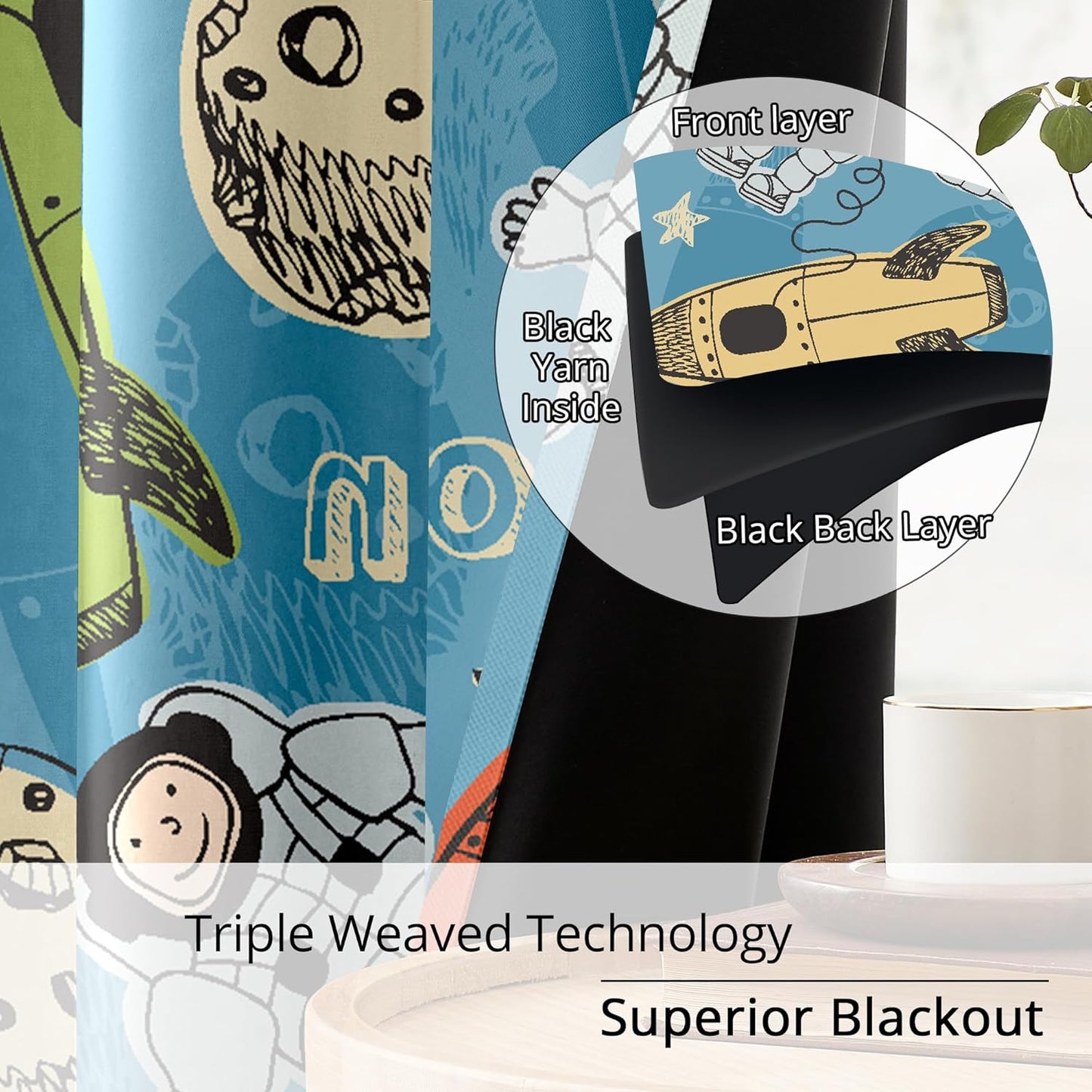 Kids Astronaut and Rocket Blackout Curtains - 100% Blackout, Thermal Insulated, Noise Reducing, Bring The Cosmos Closer to Your Kid’s Room, 2 Panels (Moonbound Adventure, W52×L63)
